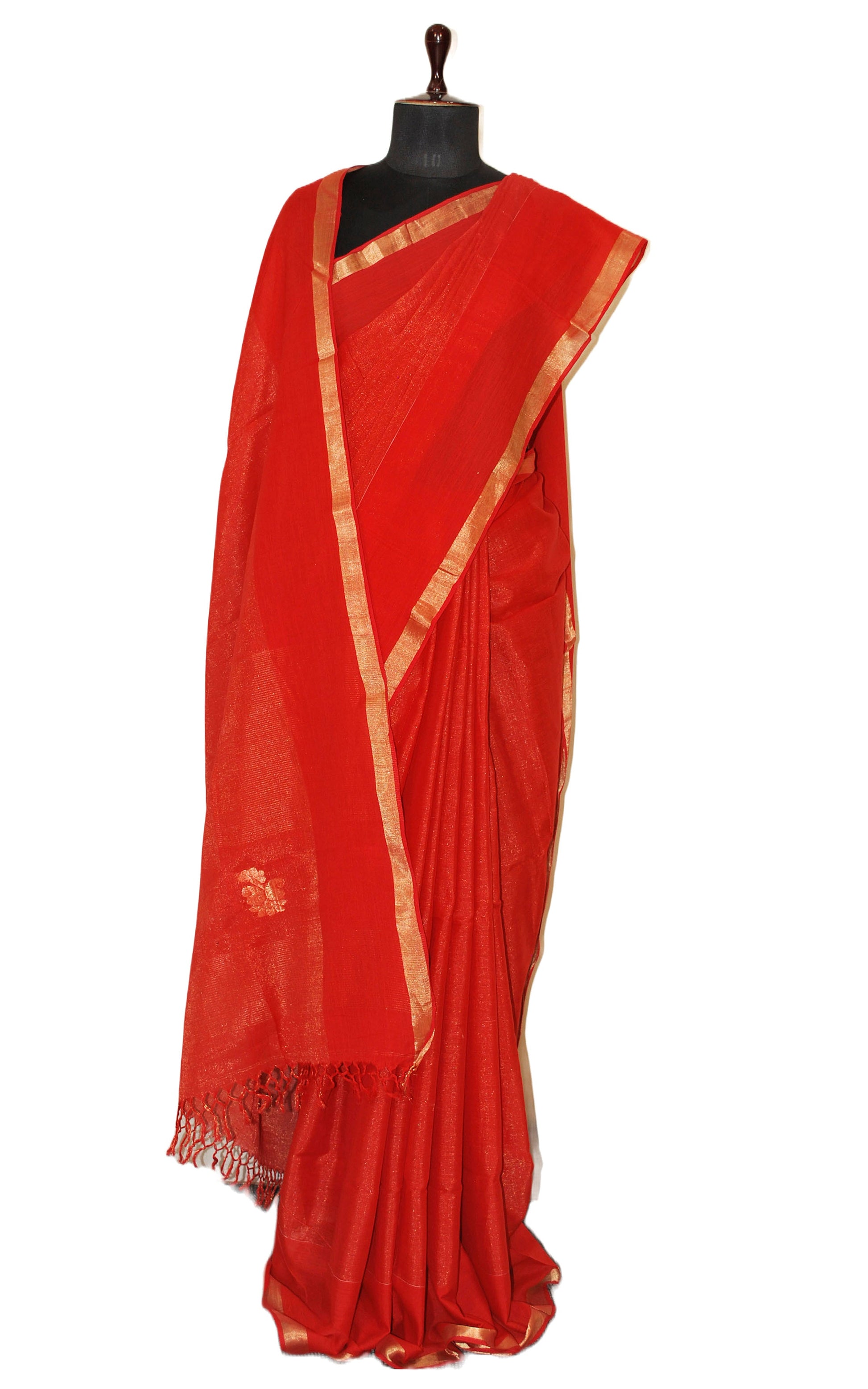 Soft Authentic Pure Cotton Tanchui Saree in Red and Gold