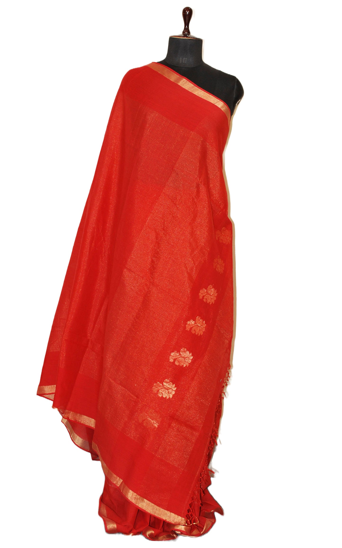 Soft Authentic Pure Cotton Tanchui Saree in Red and Gold