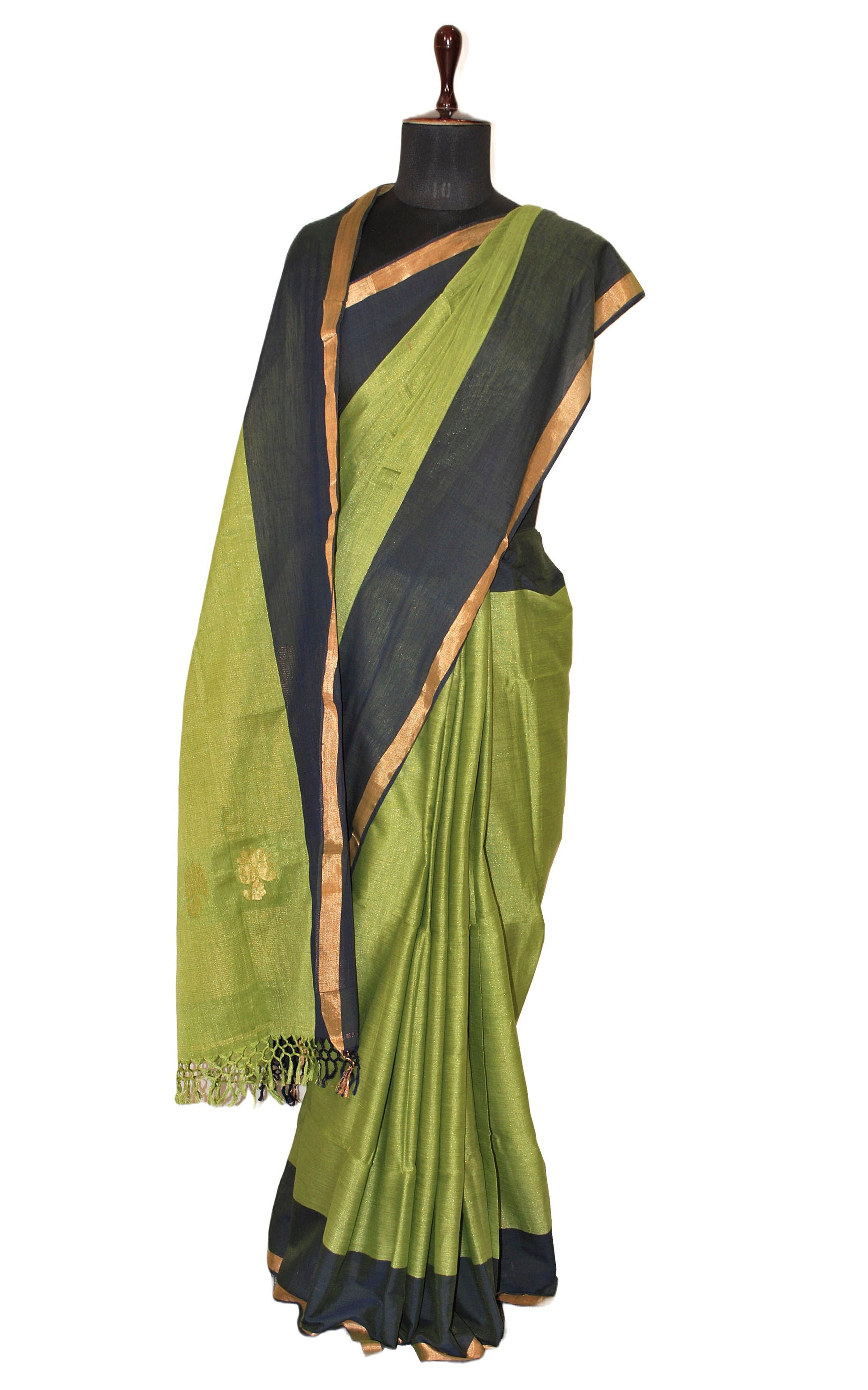 Soft Authentic Pure Cotton Woven Tanchui Saree in Pear Green, Denim Blue and Gold