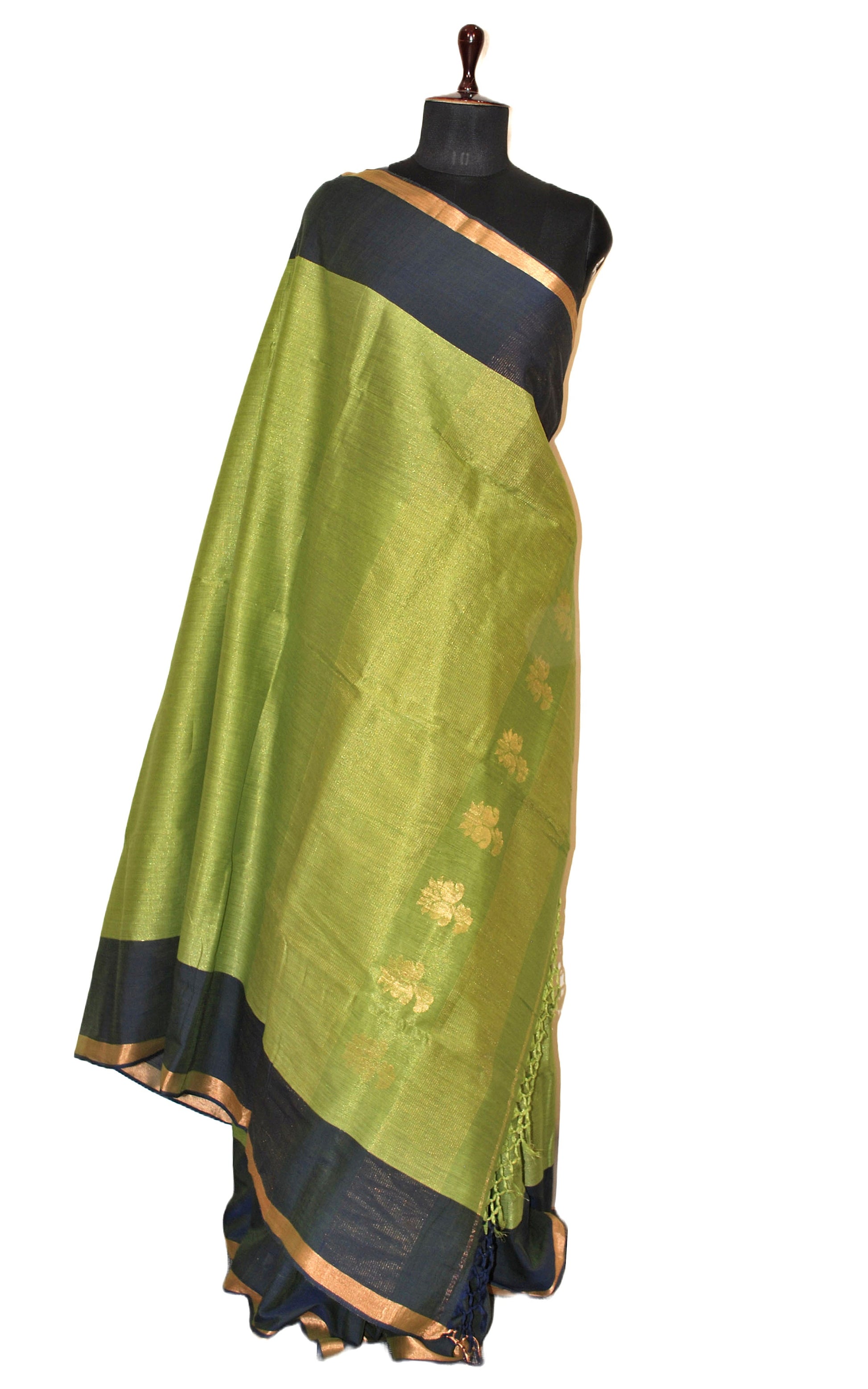 Soft Authentic Pure Cotton Woven Tanchui Saree in Pear Green, Denim Blue and Gold