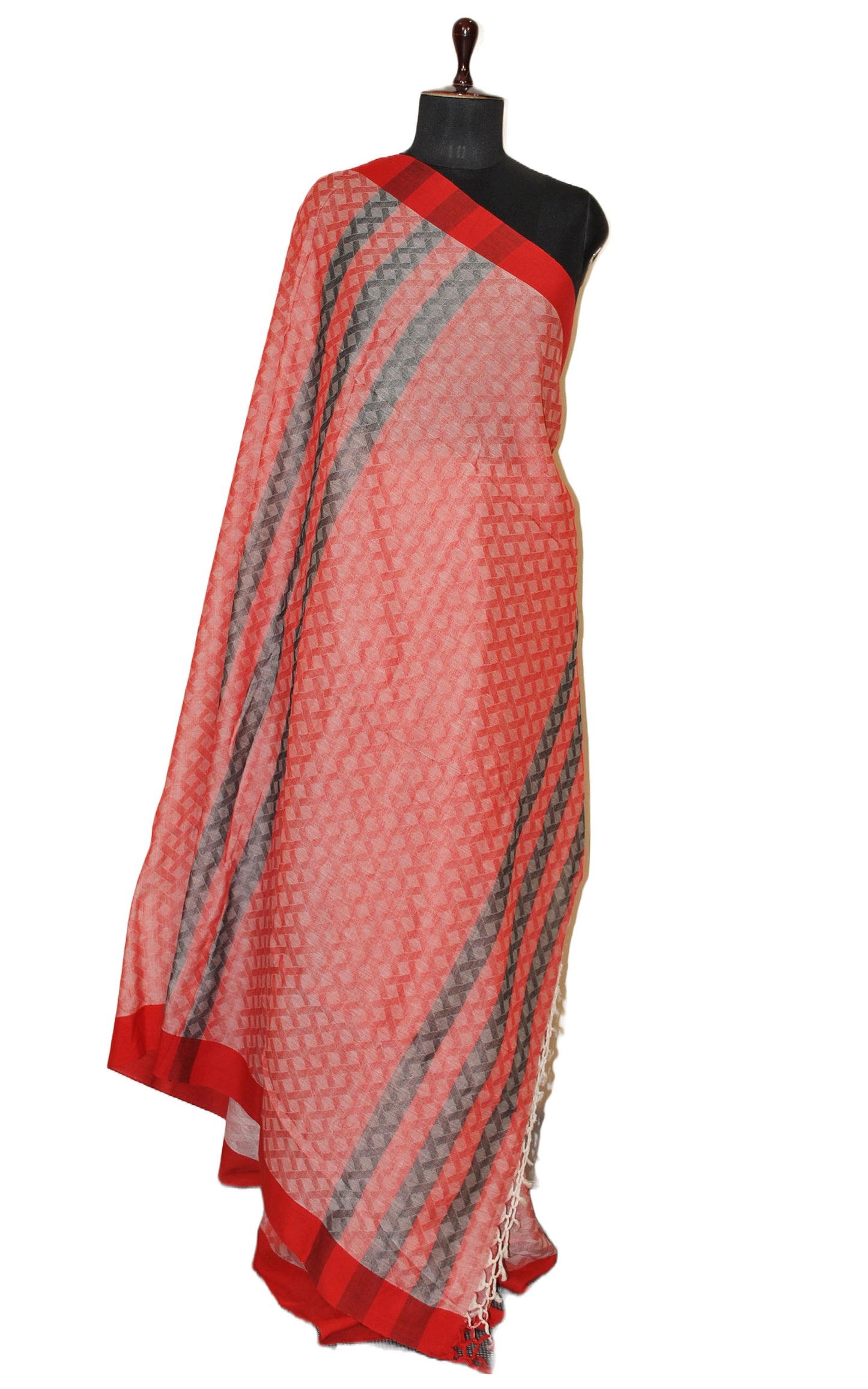 Handwoven Tanchui Brocade Saree in Red, Off White and Black