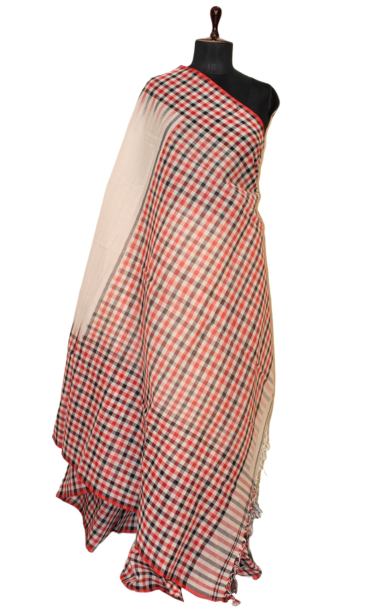 Skirt Border Micro Checks Soft Cotton Saree in Parchment White, Red and Black