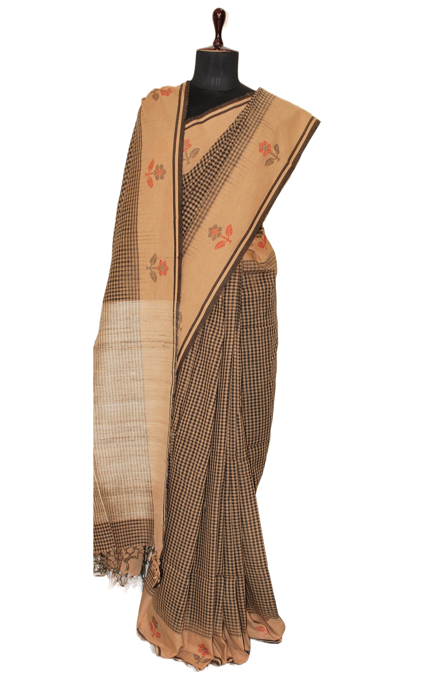 Woven Micro Checks Soft Cotton Saree with Jute Work Pallu in Black, Beige and Red