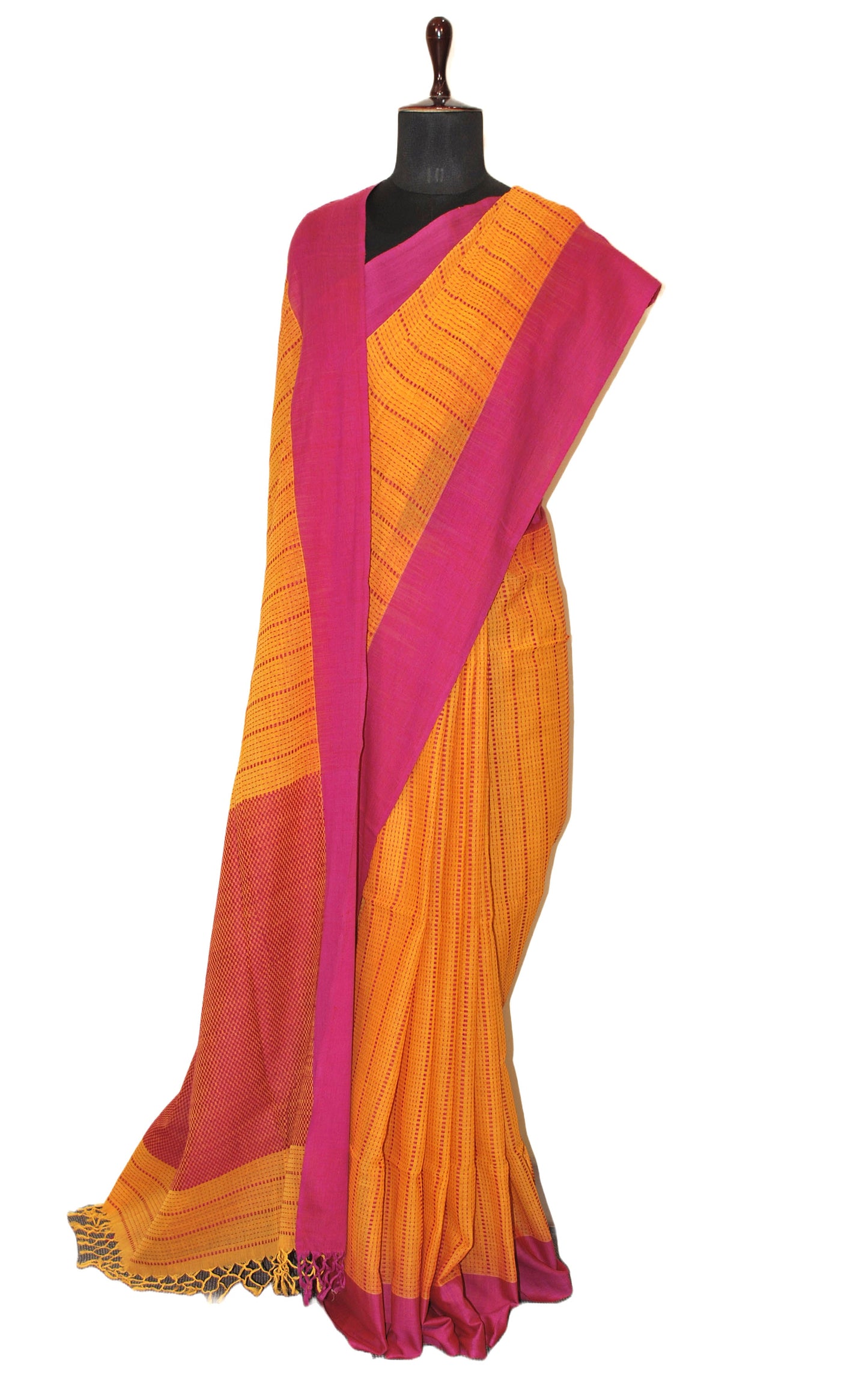 Woven Katha Work Soft Cotton Saree in Golden Yellow and Purple