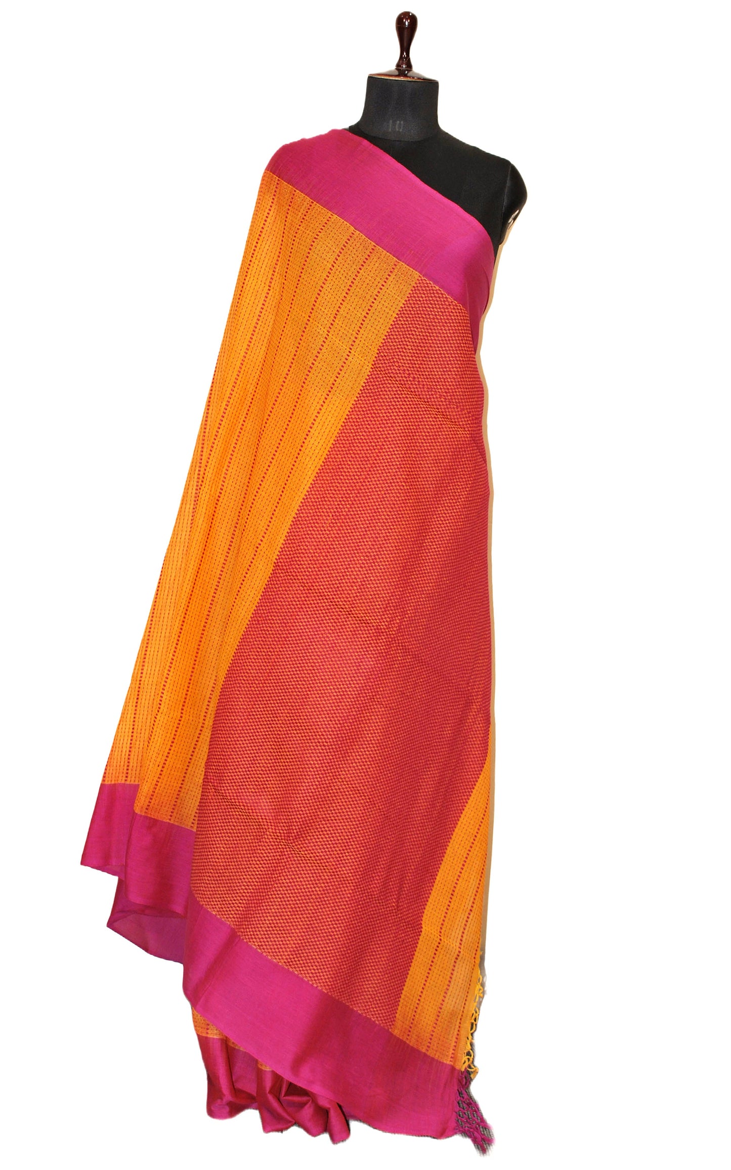 Woven Katha Work Soft Cotton Saree in Golden Yellow and Purple