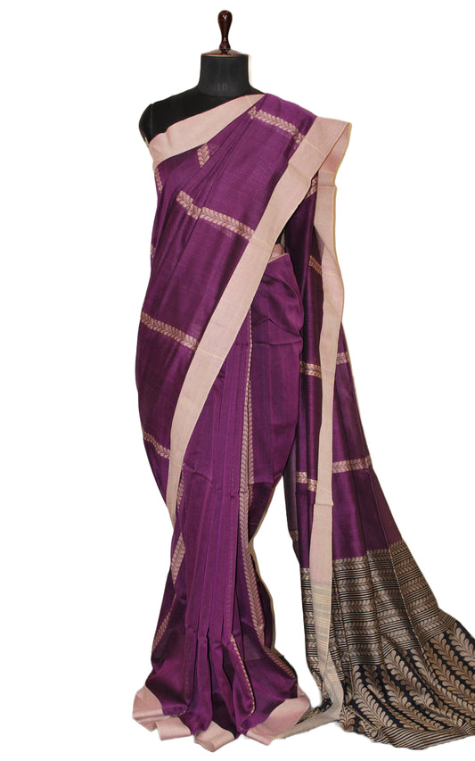 Handwoven Premium Soft Cotton Saree in Eggplant Purple, Beige and Black