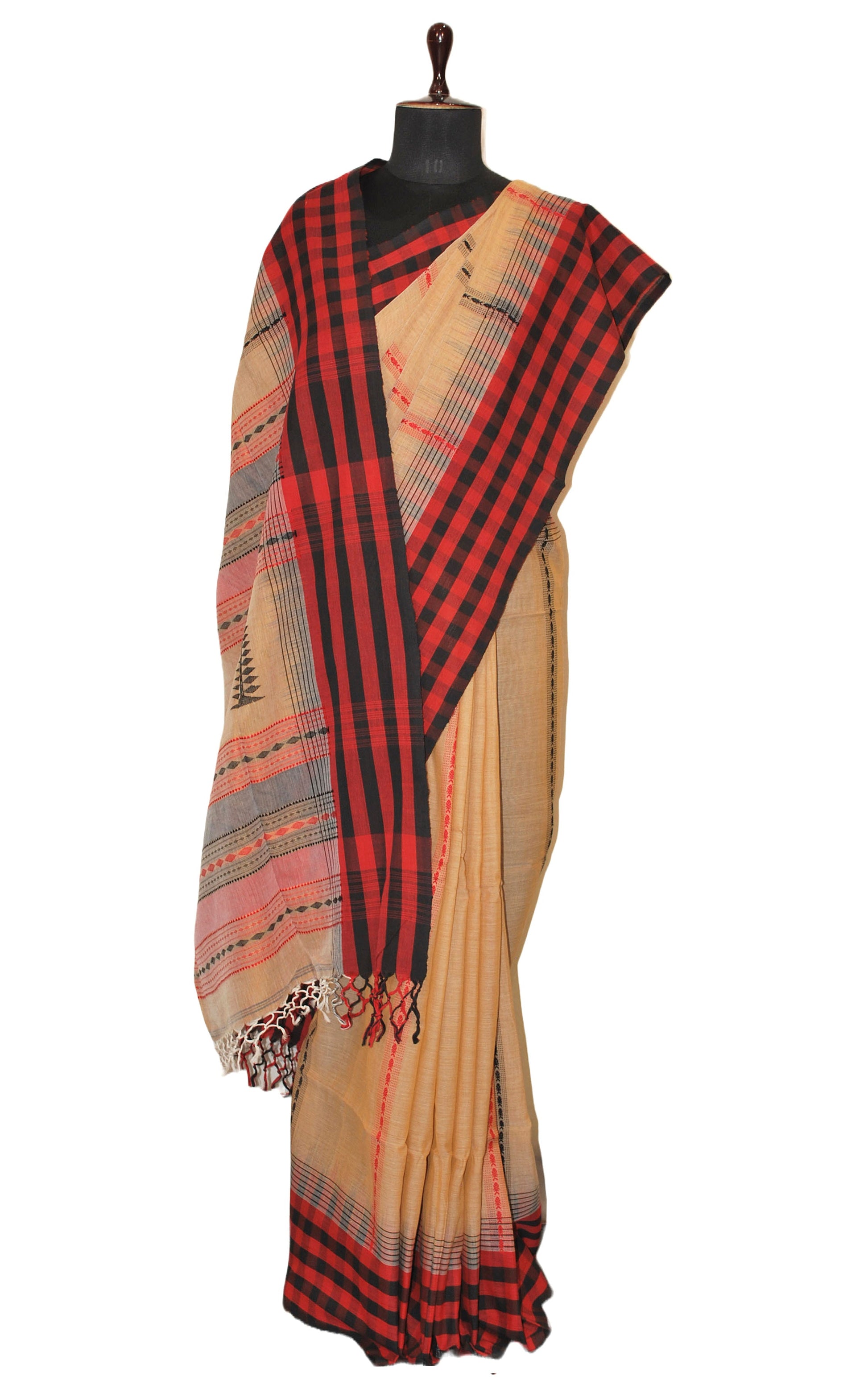 Handwoven Checks Border Soft Cotton Kalakshetra Saree in Beige, Red and Black