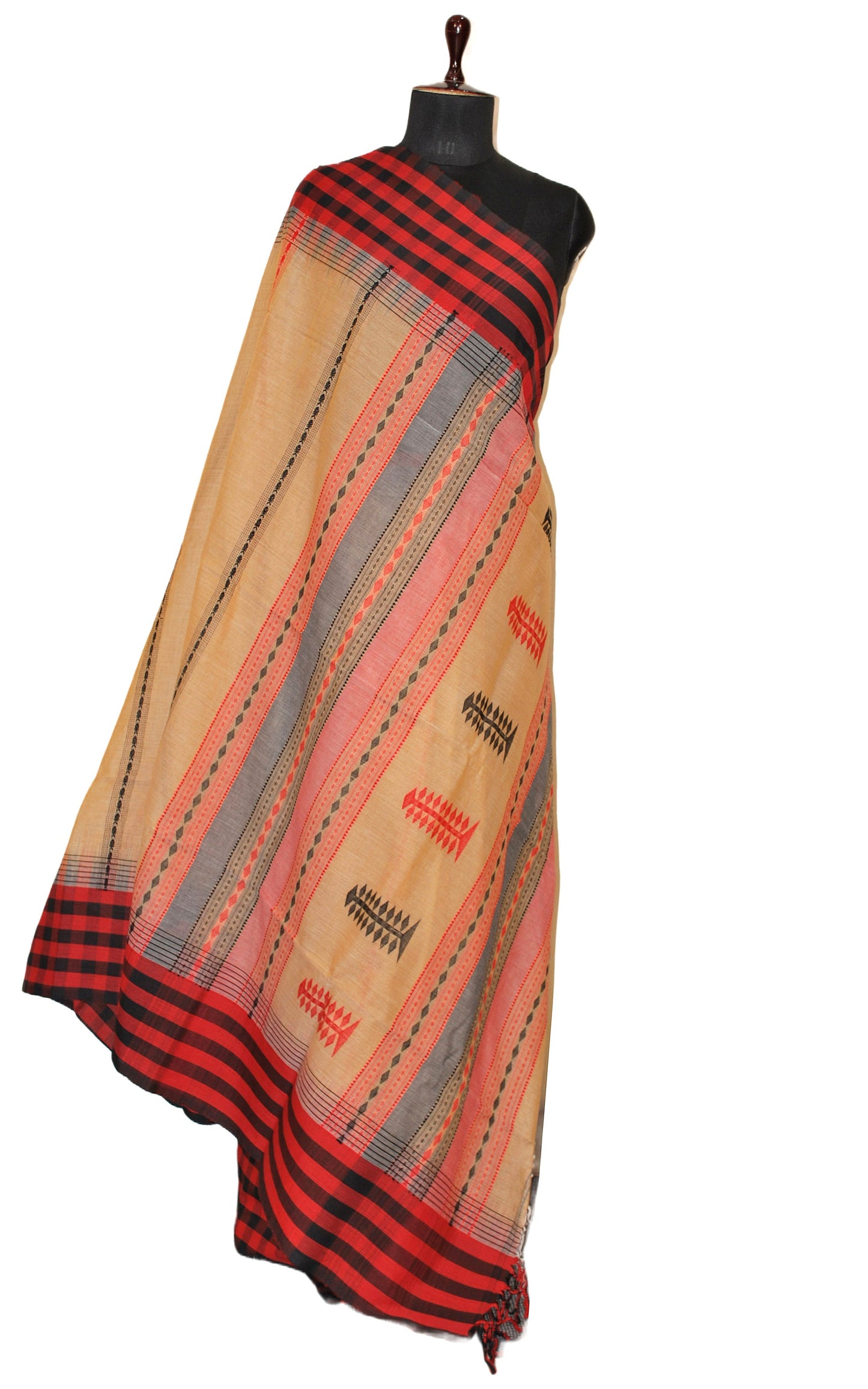 Handwoven Checks Border Soft Cotton Kalakshetra Saree in Beige, Red and Black