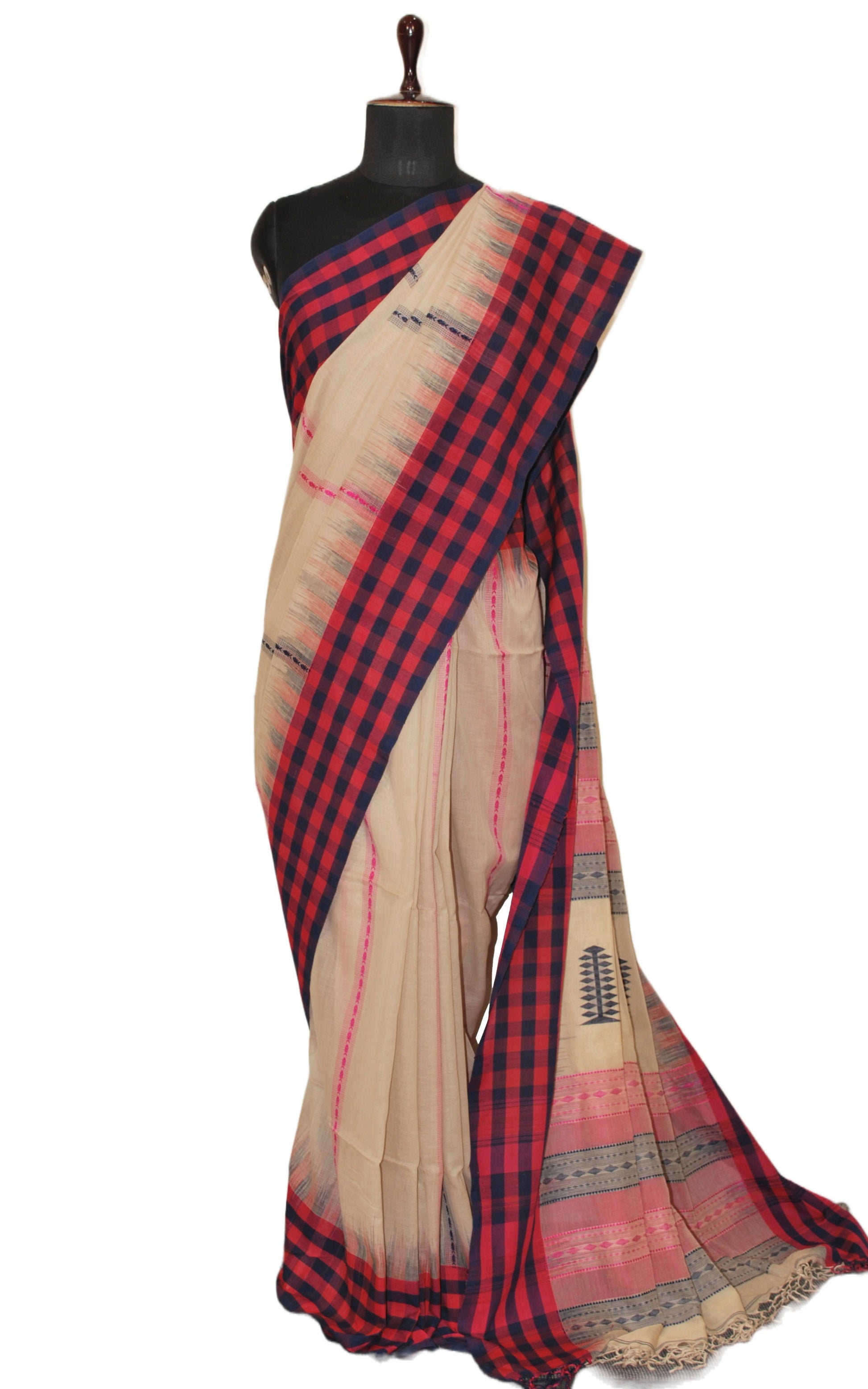 Handwoven Checks Border Soft Cotton Kalakshetra Saree in Parchment, Magenta and Dark Blue