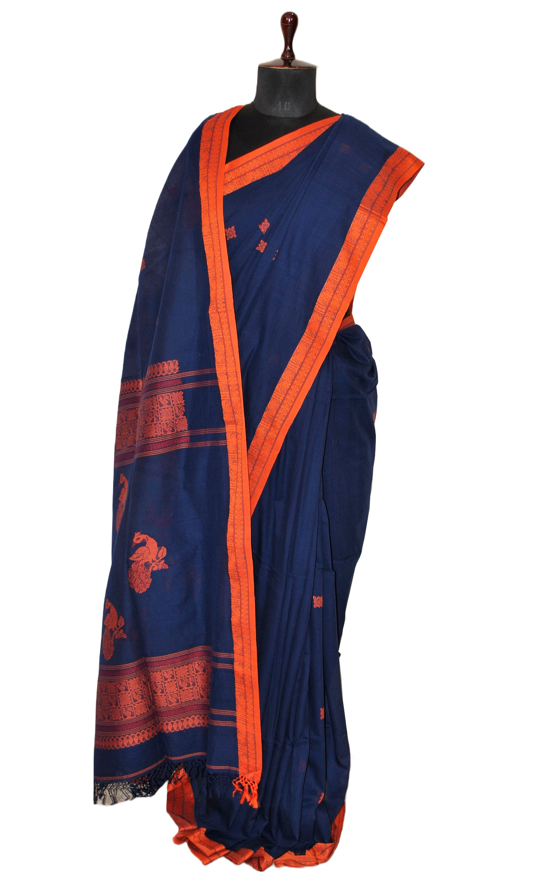 Cotton Kalakshetra Saree in Indigo Blue, Orange and Red