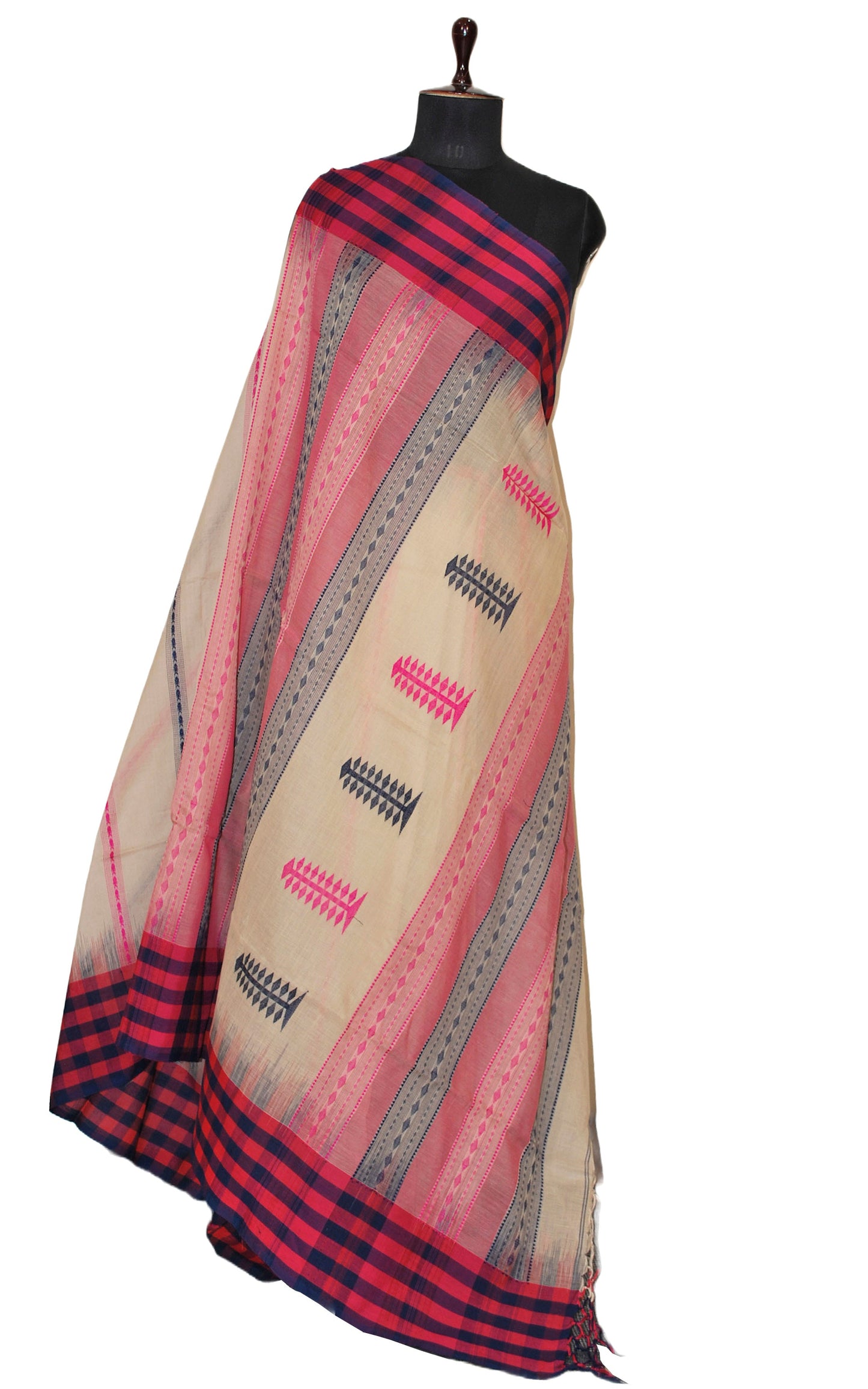 Handwoven Checks Border Soft Cotton Kalakshetra Saree in Parchment, Magenta and Dark Blue