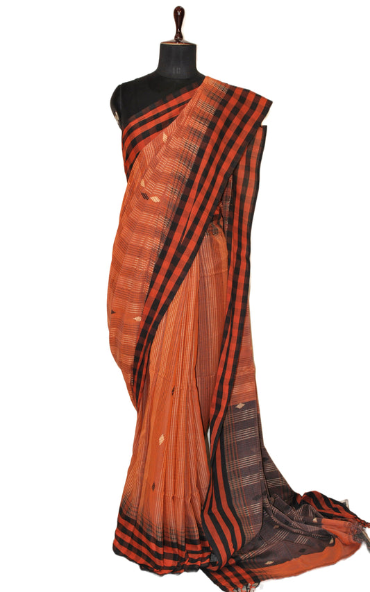 Handwoven Checks Border Soft Cotton Kalakshetra Saree in Rust Brown, Midnight Blue and Beige