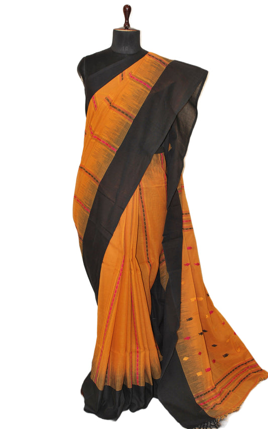 Hand Woven Thread Nakshi Work Soft Cotton Khaddar Saree in Mustard Golden, Midnight Blue, Yellow and Hot Pink