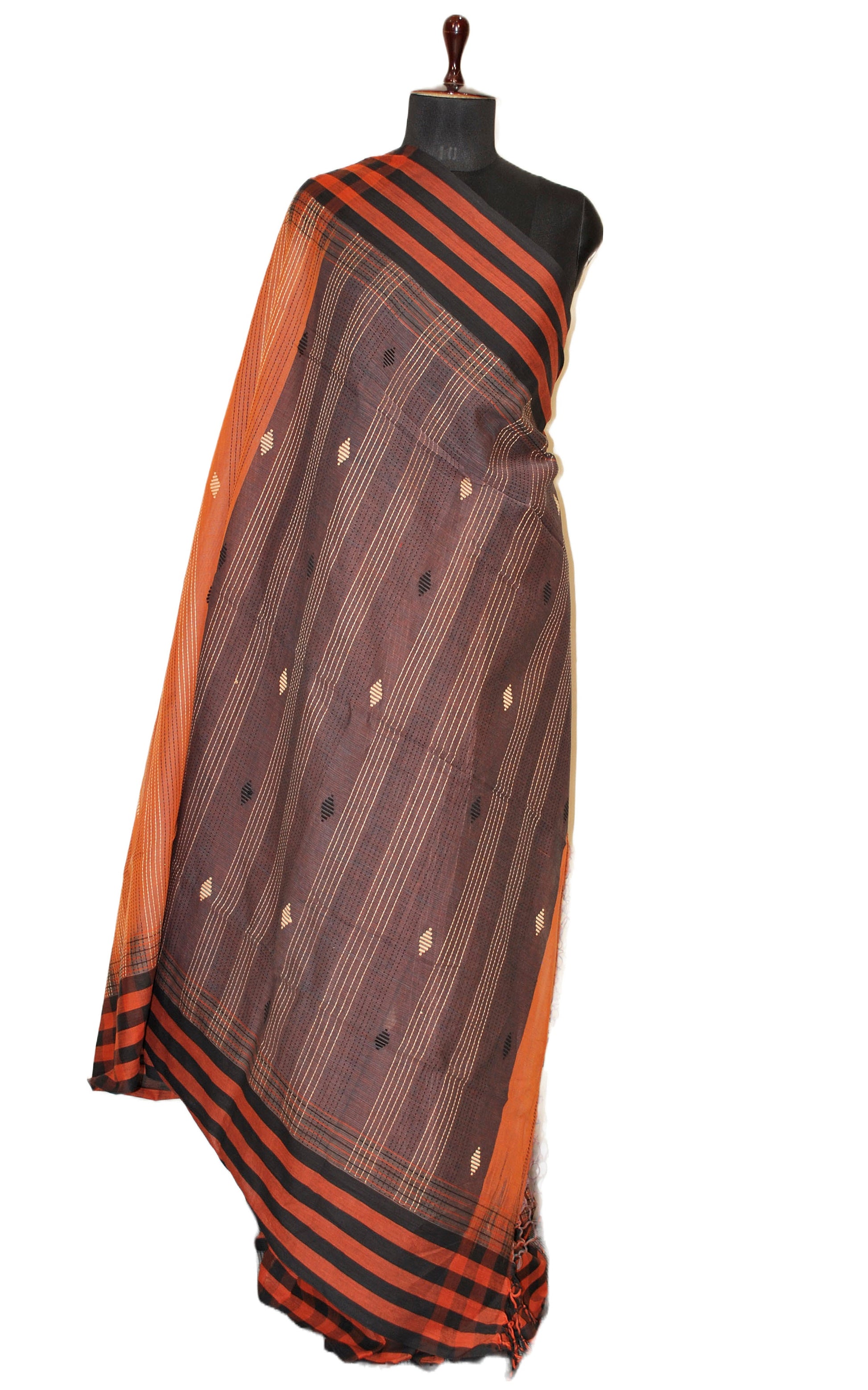 Handwoven Checks Border Soft Cotton Kalakshetra Saree in Rust Brown, Midnight Blue and Beige