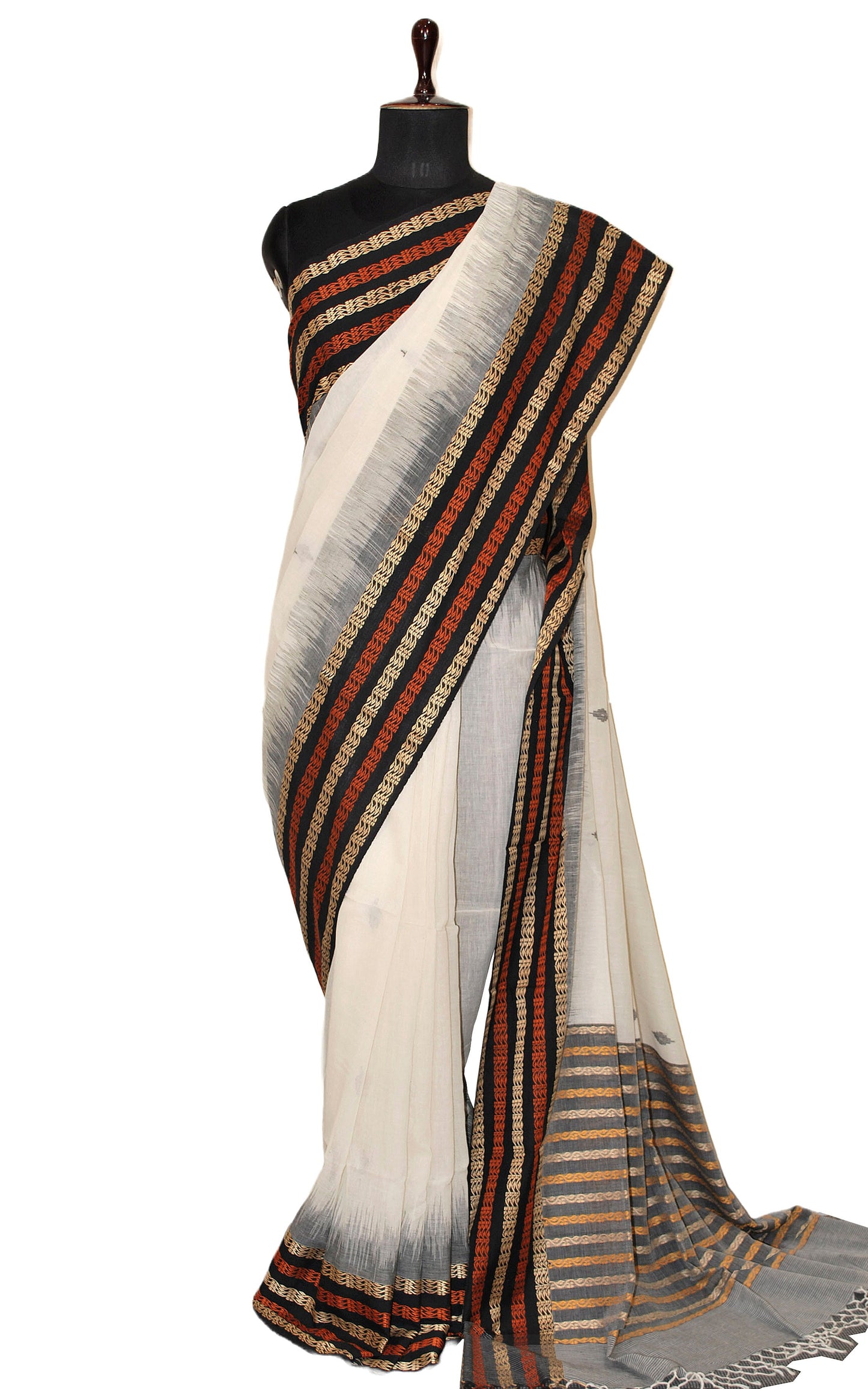 Handwoven Premium Soft Cotton Saree in Off White, Rust Brown, Beige and Black