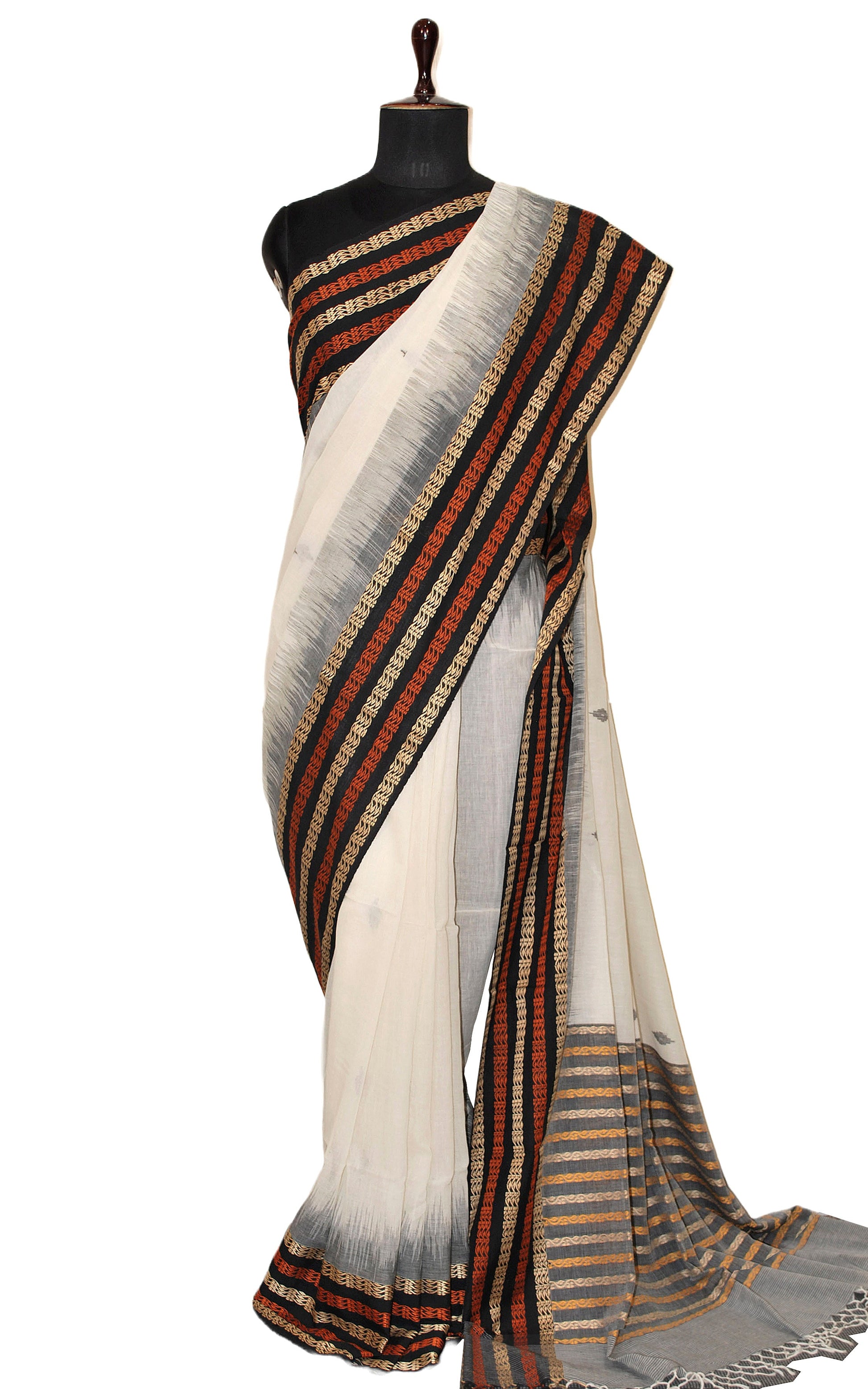 Handwoven Premium Soft Cotton Saree in Off White, Rust Brown, Beige and Black