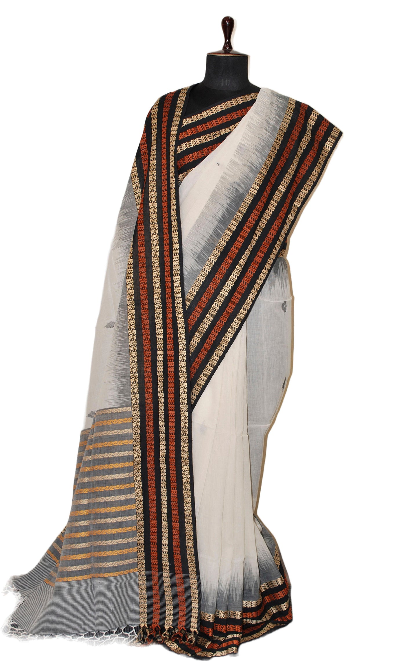 Handwoven Premium Soft Cotton Saree in Off White, Rust Brown, Beige and Black