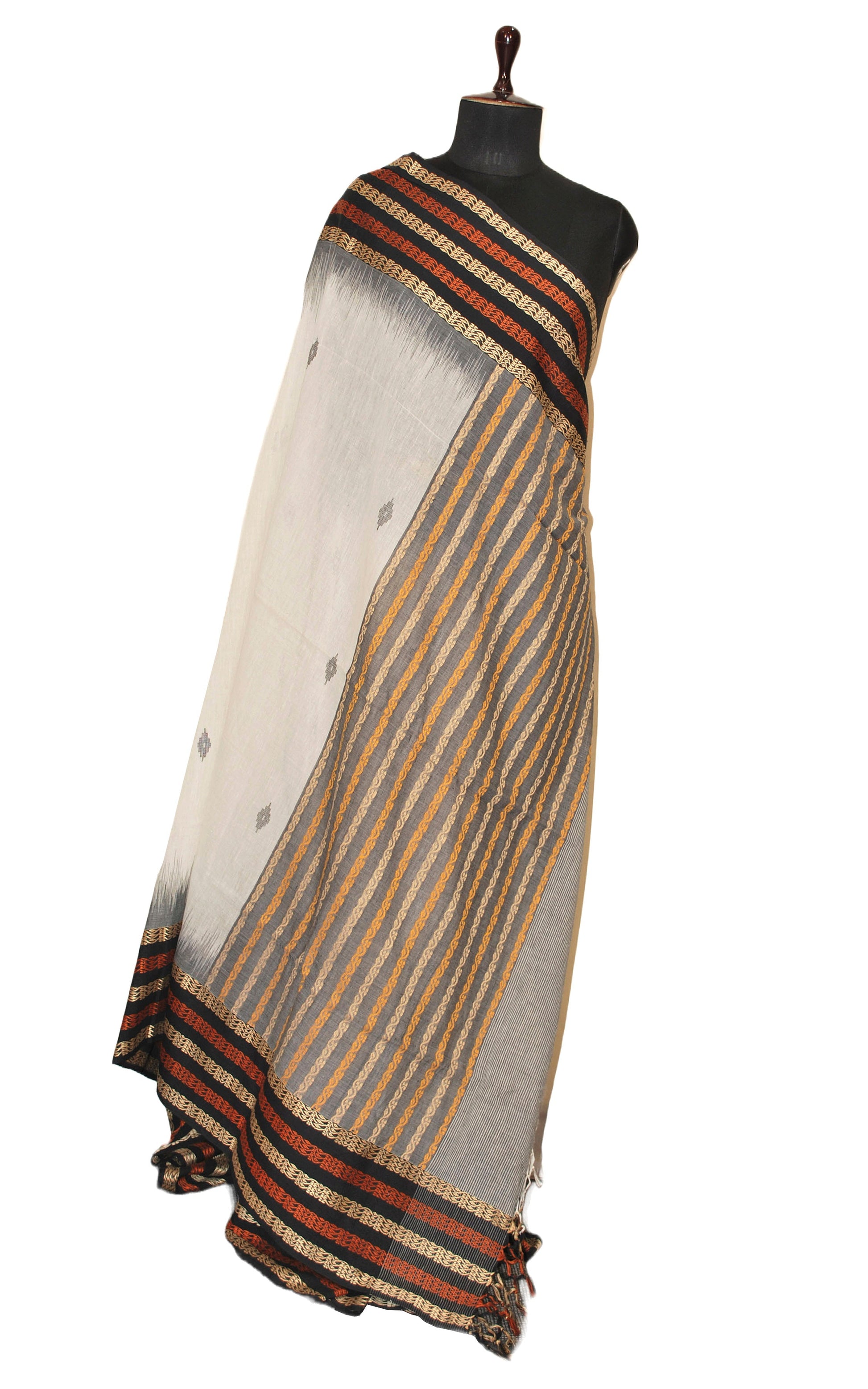 Handwoven Premium Soft Cotton Saree in Off White, Rust Brown, Beige and Black