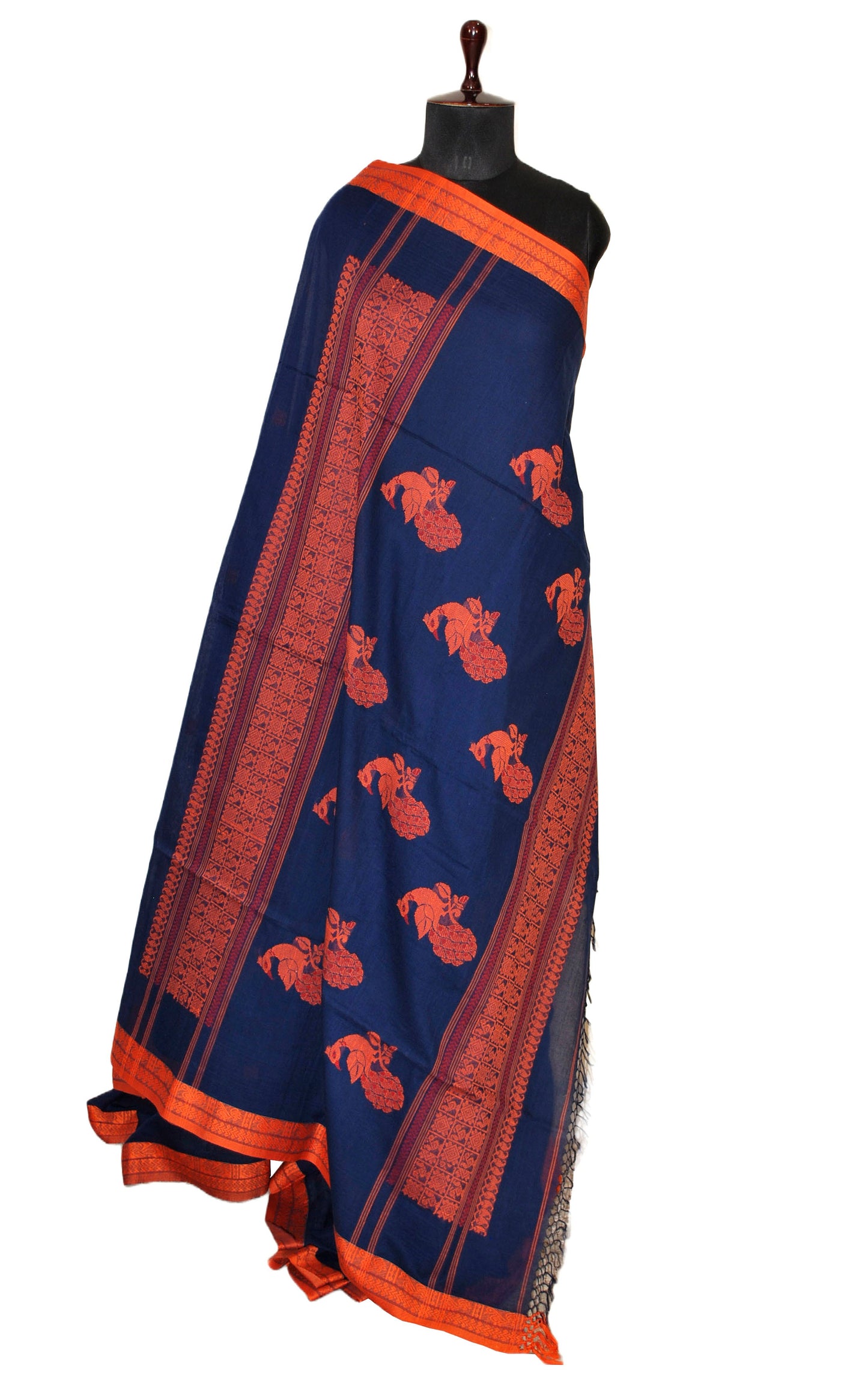 Cotton Kalakshetra Saree in Indigo Blue, Orange and Red