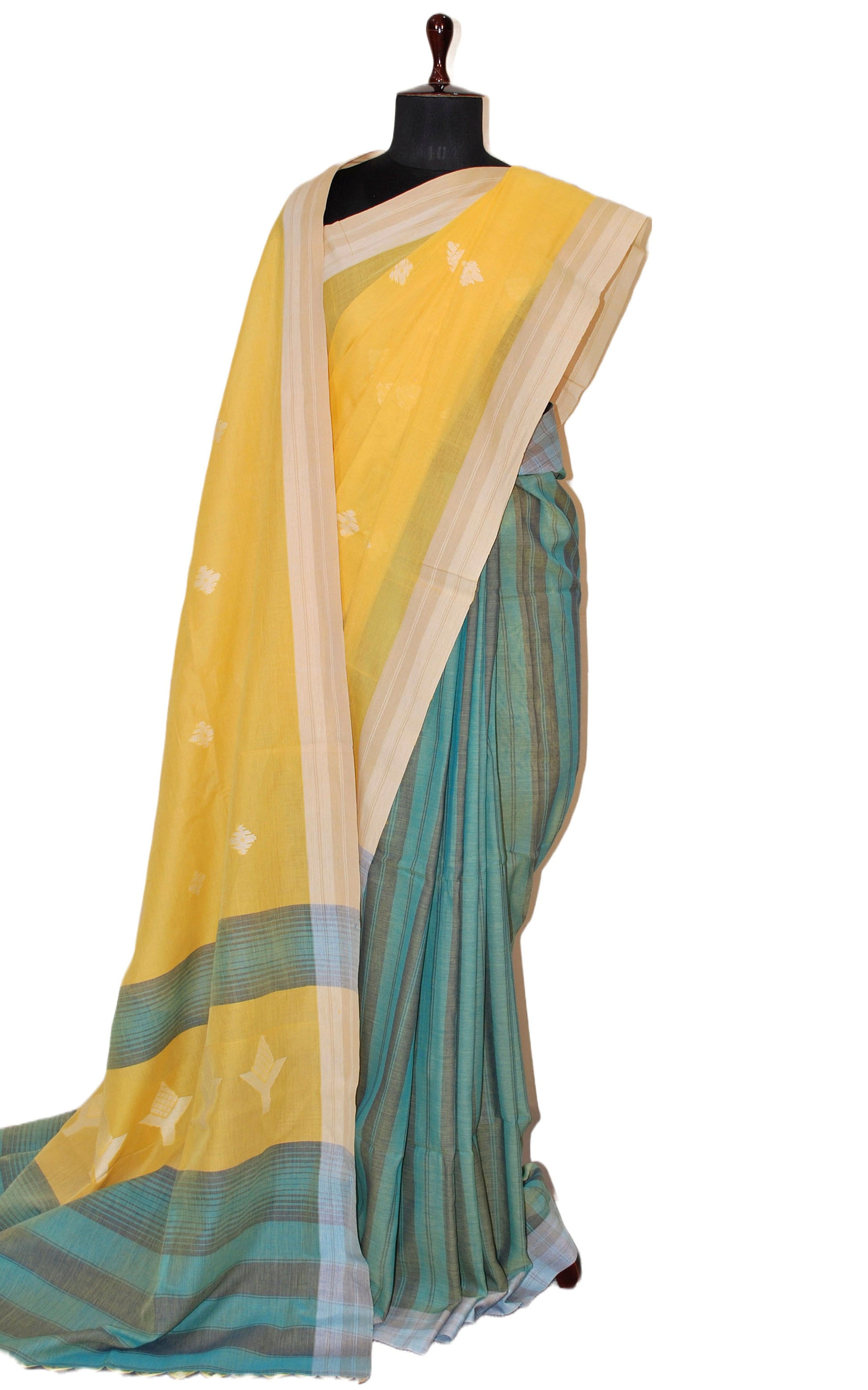 Patli Pallu Smart Stripes Soft Pure Cotton Jamdani Saree in Munsell Yellow, Beige and Denim Green