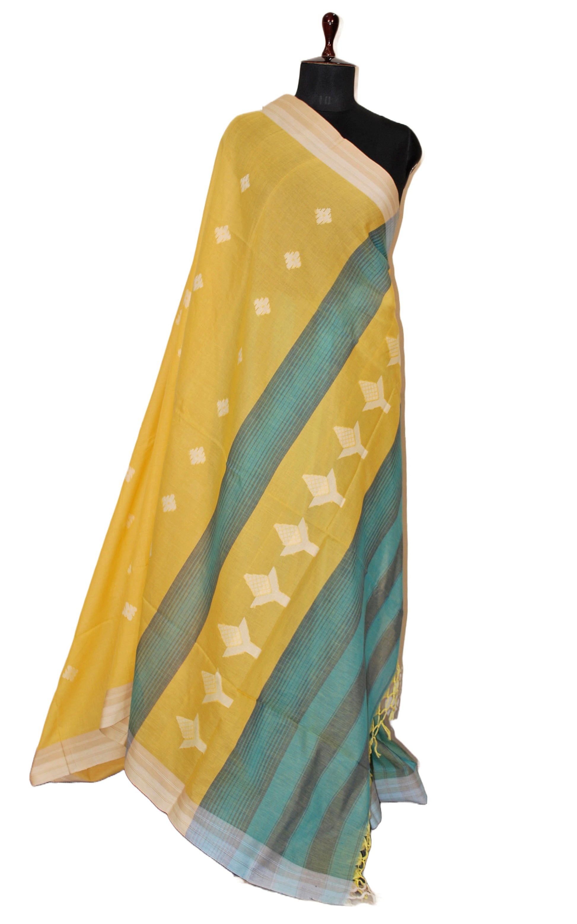 Patli Pallu Smart Stripes Soft Pure Cotton Jamdani Saree in Munsell Yellow, Beige and Denim Green