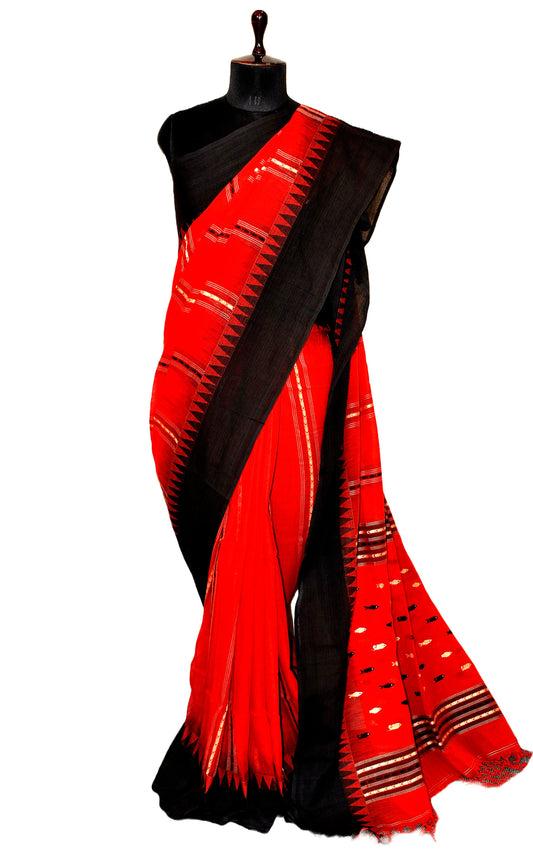 Matta Border with Fish Nakshi Woven Motif Soft Cotton Khaddar Saree in Red, Black and Beige