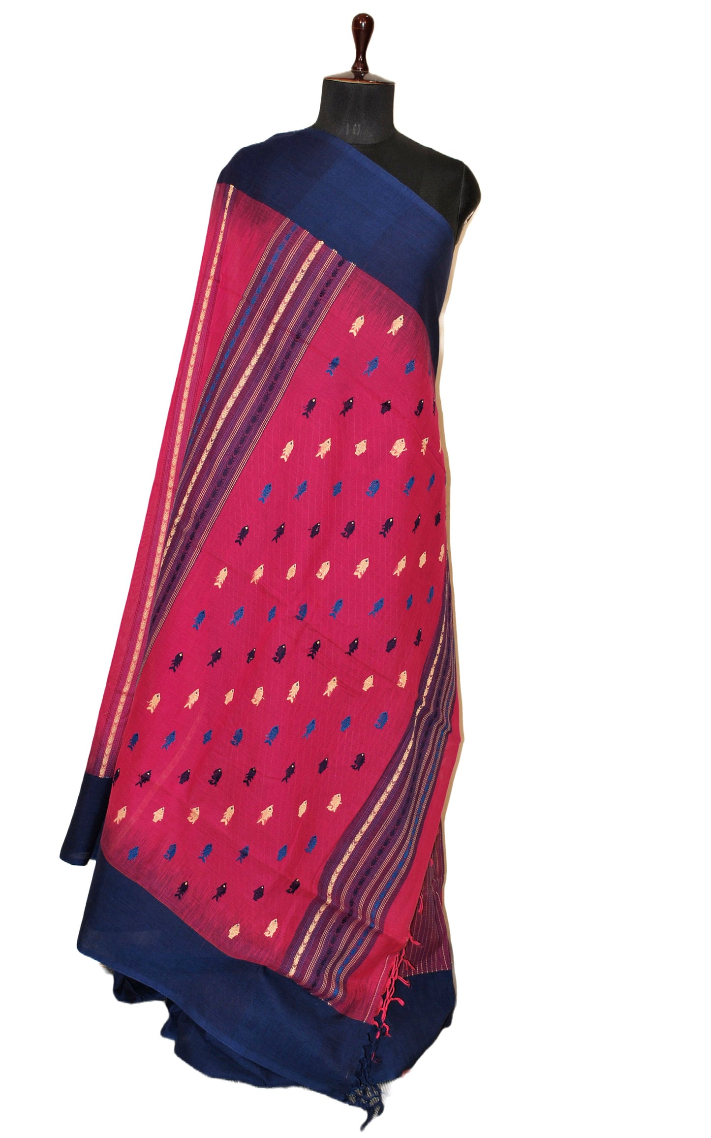 Matta Border with Fish Nakshi Woven Motif Soft Cotton Khaddar Saree in Hot Pink, Navy Blue, Beige and Royal Blue