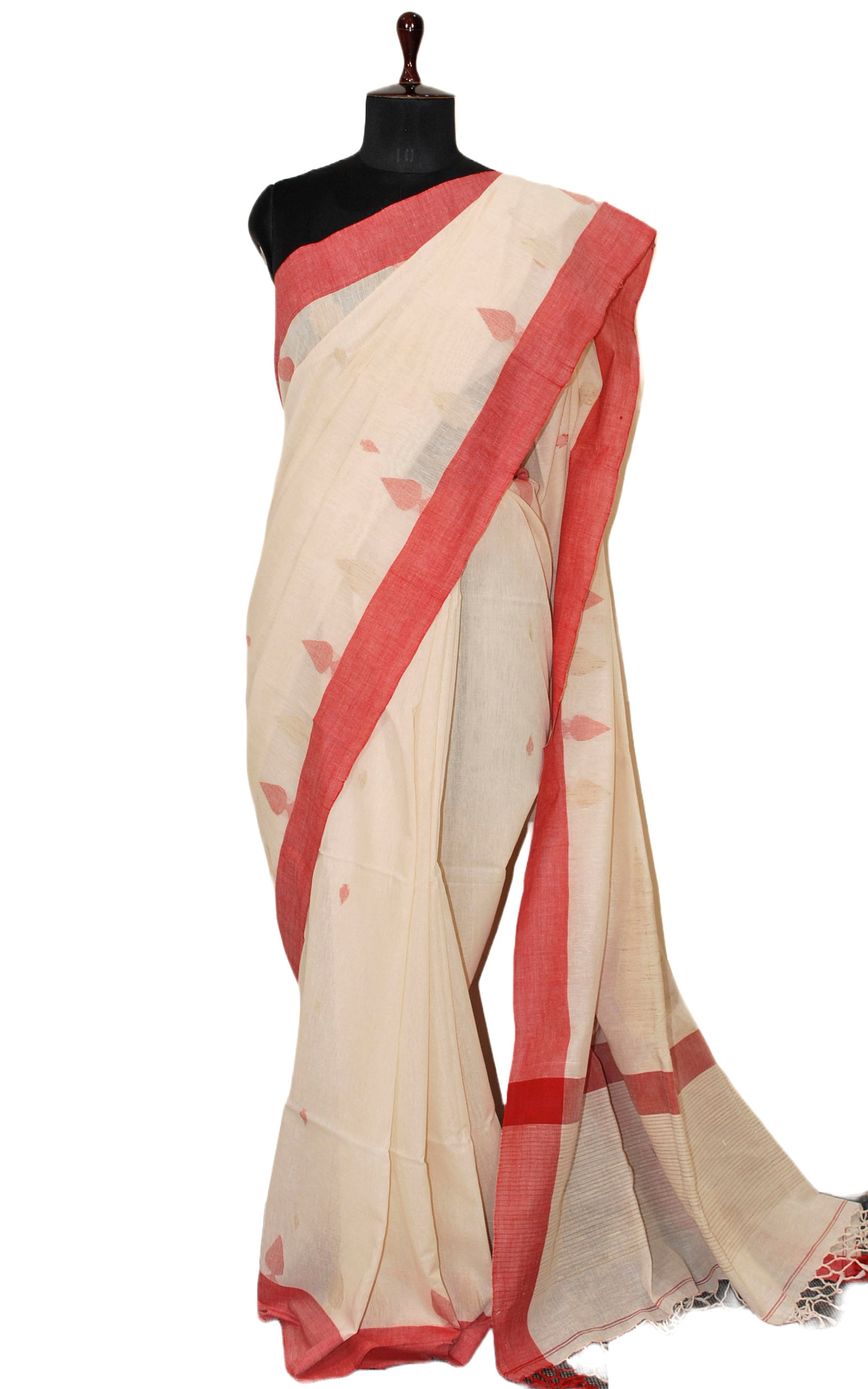 Soft Cotton Woven Jute Work Khaddar Jamdani Saree in Linen White, Beige and Red