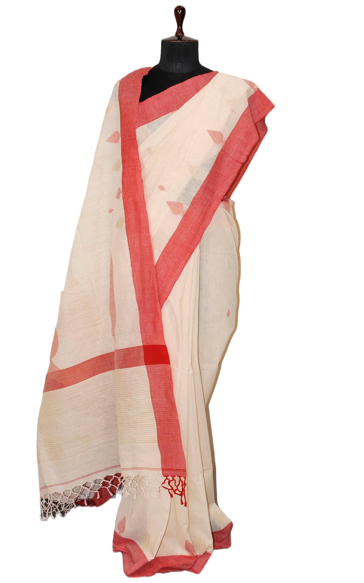 Soft Cotton Woven Jute Work Khaddar Jamdani Saree in Linen White, Beige and Red