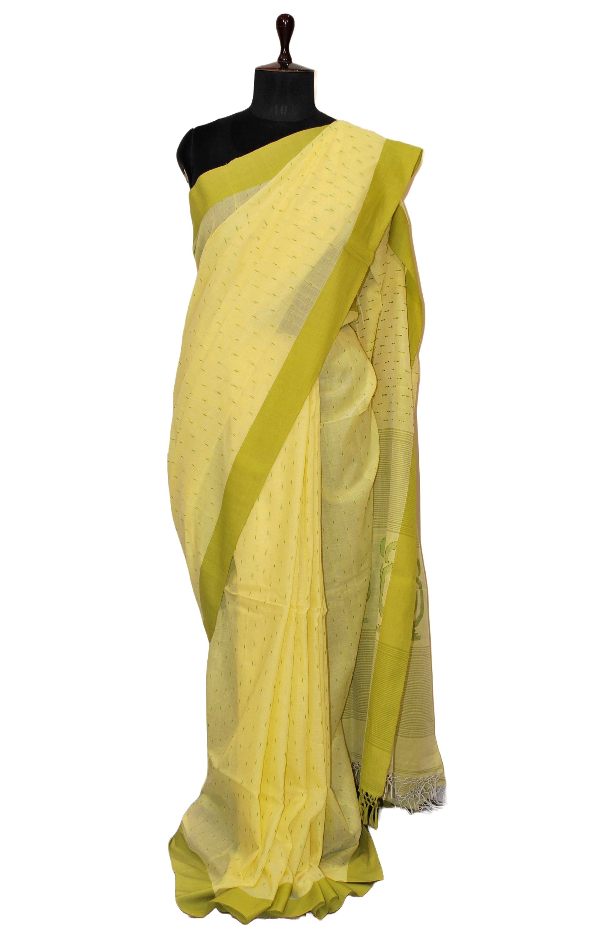 Handwoven Premium Slim Border Soft Cotton Saree in Lime Yellow and Olive Green