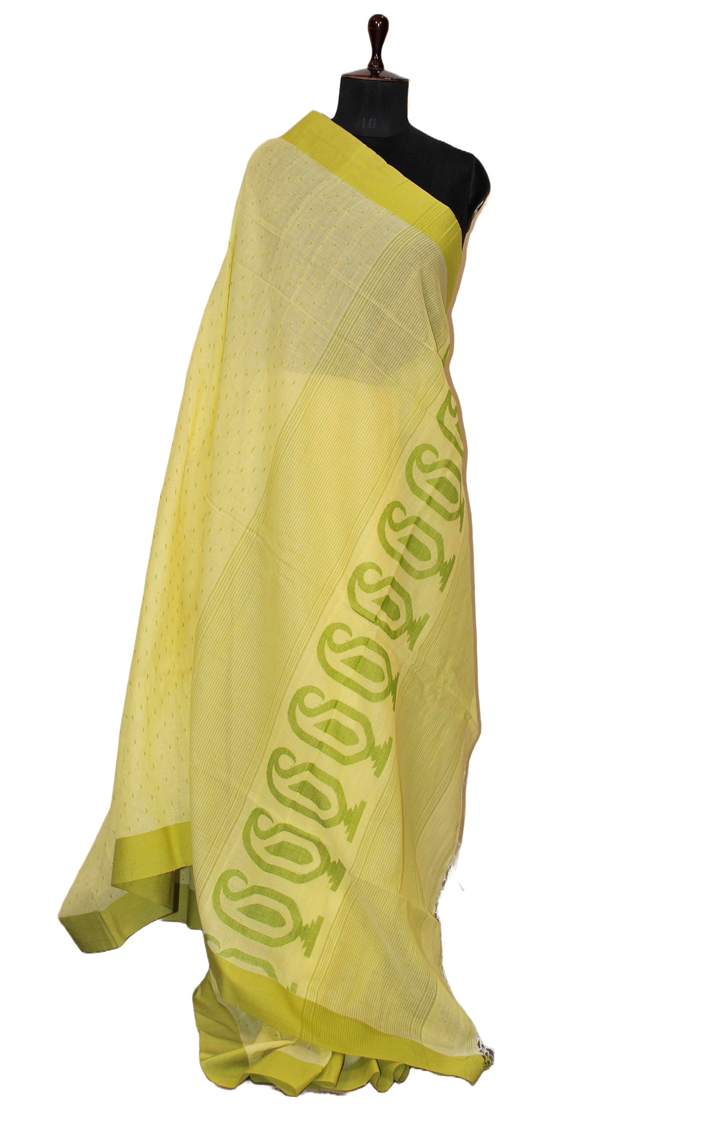 Handwoven Premium Slim Border Soft Cotton Saree in Lime Yellow and Olive Green