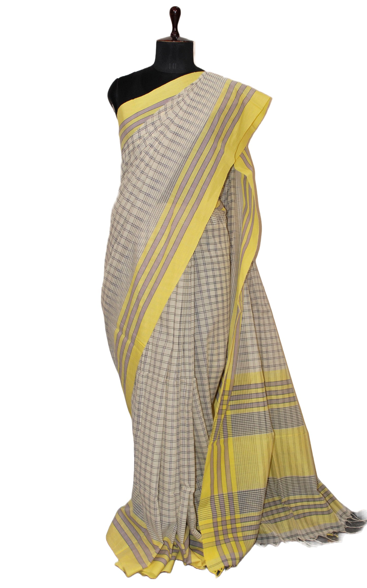 Soft Cotton Premium Checks Saree in Off White, Pastel Yellow, Smoke Grey and Black