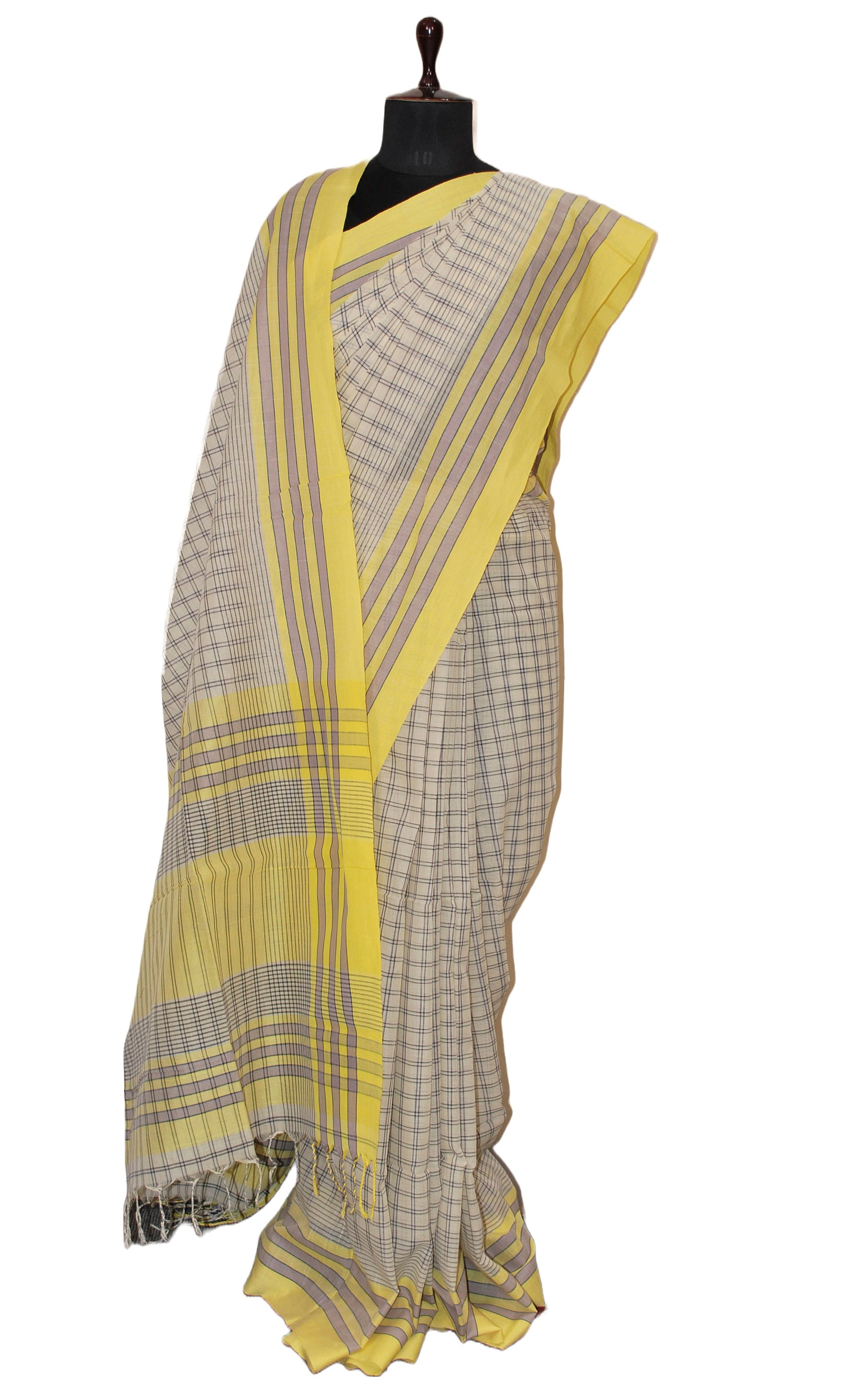 Soft Cotton Premium Checks Saree in Off White, Pastel Yellow, Smoke Grey and Black