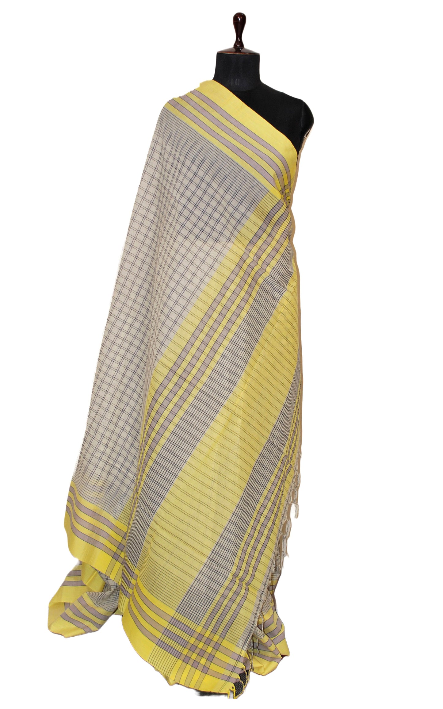 Soft Cotton Premium Checks Saree in Off White, Pastel Yellow, Smoke Grey and Black