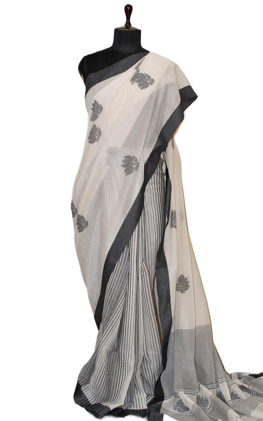 Handwoven Poth Border Soft Cotton Saree in Off White, Garage Mix White and Black