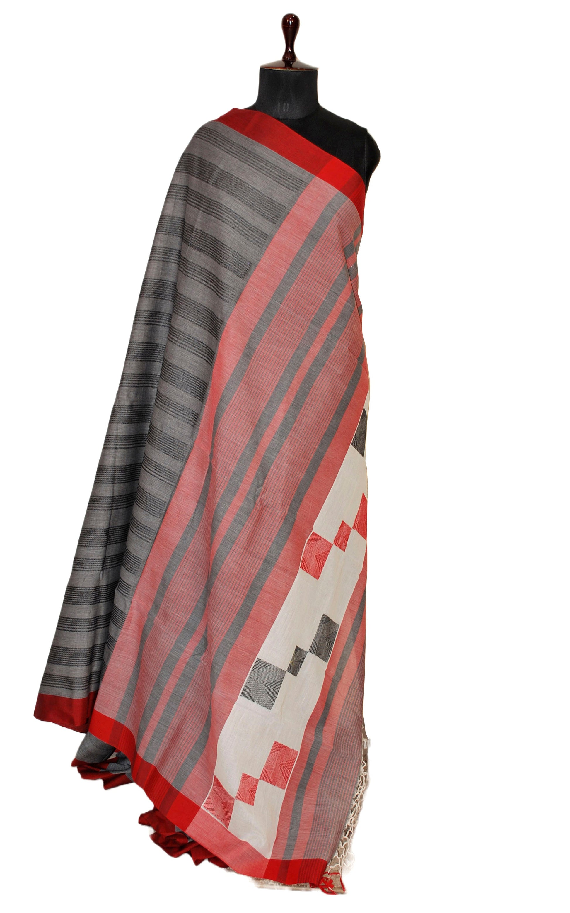 Self Woven Stripes Soft Cotton Jamdani Saree in Charcoal Grey, Red and Black