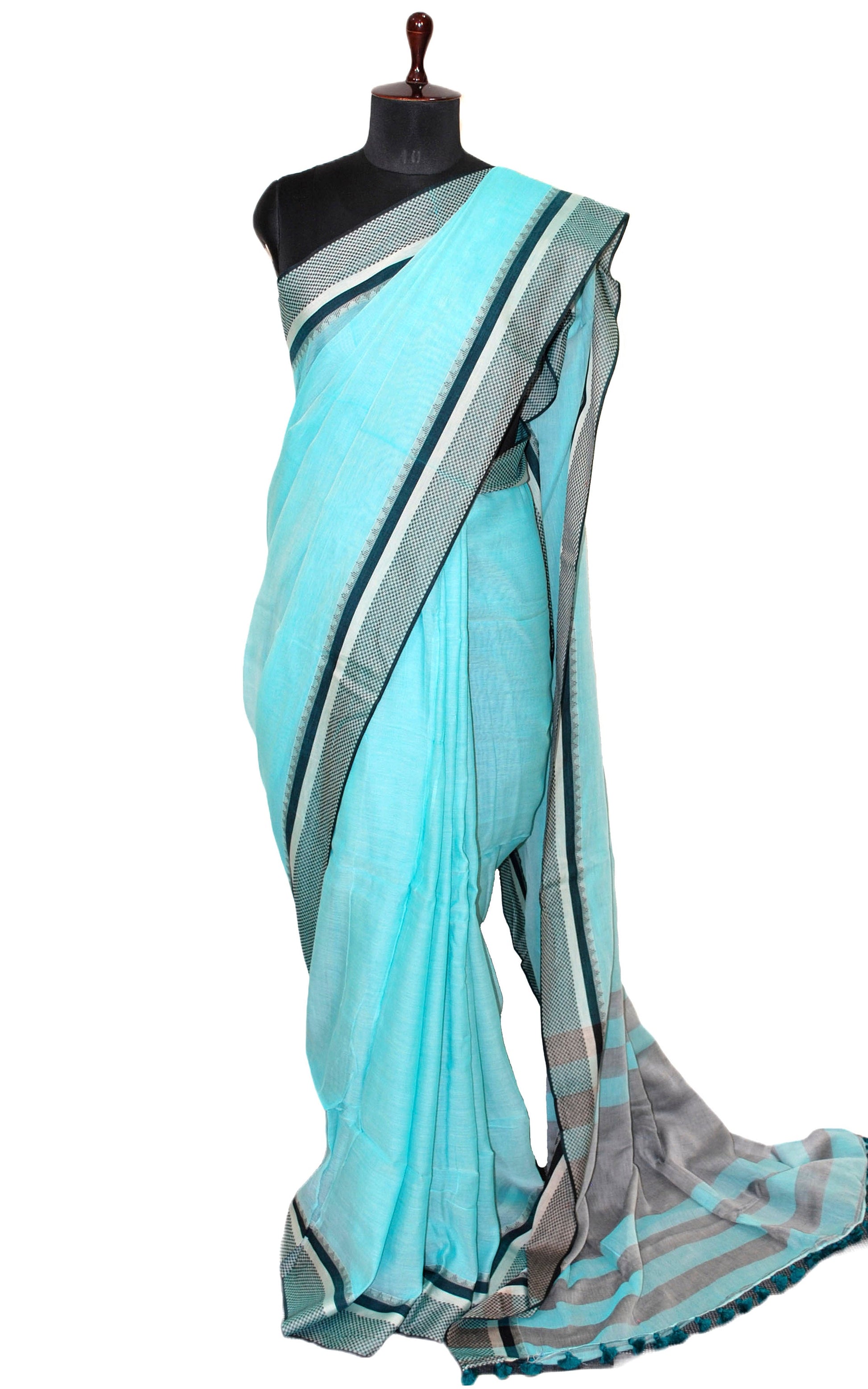 Pure Soft Cotton Saree in Pale Blue, Black and Matt Silver