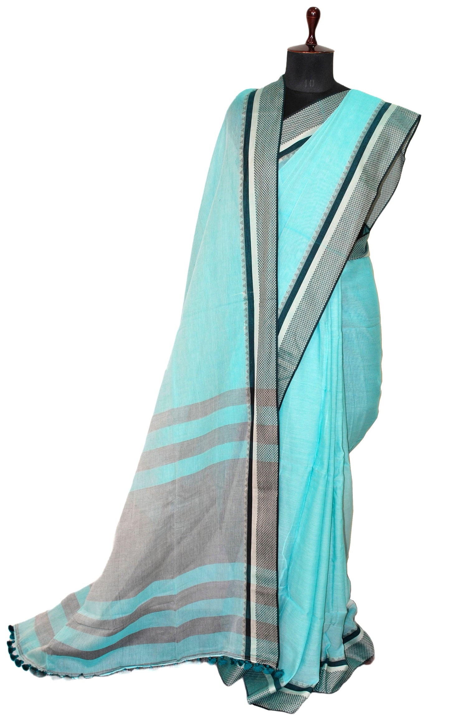 Pure Soft Cotton Saree in Pale Blue, Black and Matt Silver