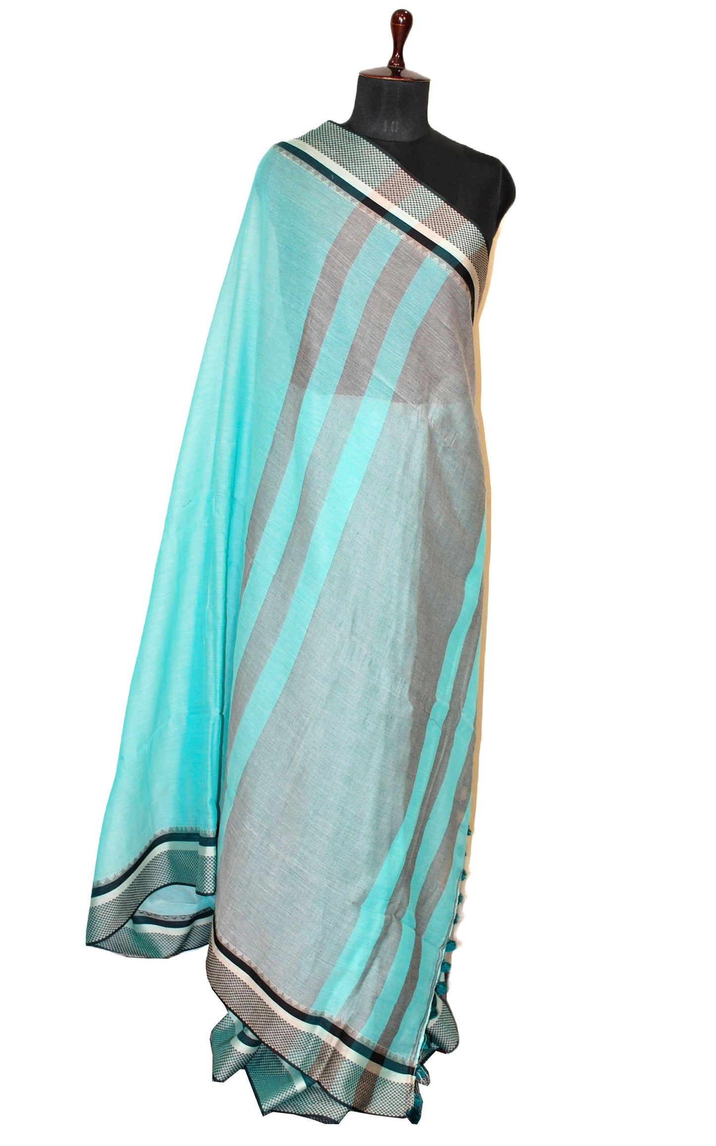 Pure Soft Cotton Saree in Pale Blue, Black and Matt Silver