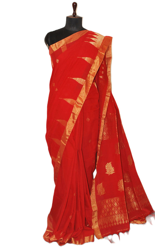 Authentic Bengal Cotton Kanchipuram Saree in Vermillion Red and Muted Copper Zari Work