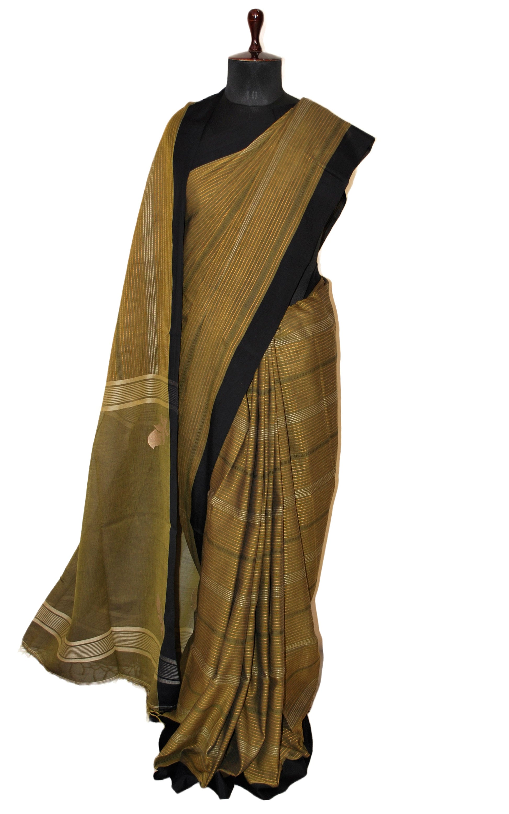 Hand Kanthastitch Work Soft Cotton Saree in Olive Green, Black and Golden Yellow