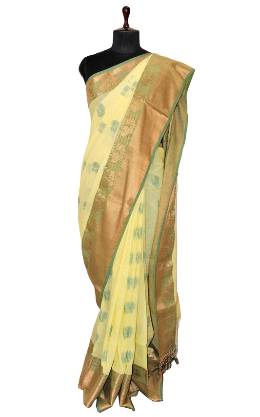 Cotton Linen Gadwal Saree in Paste Yellow, Matt Gold and Seaweed Green