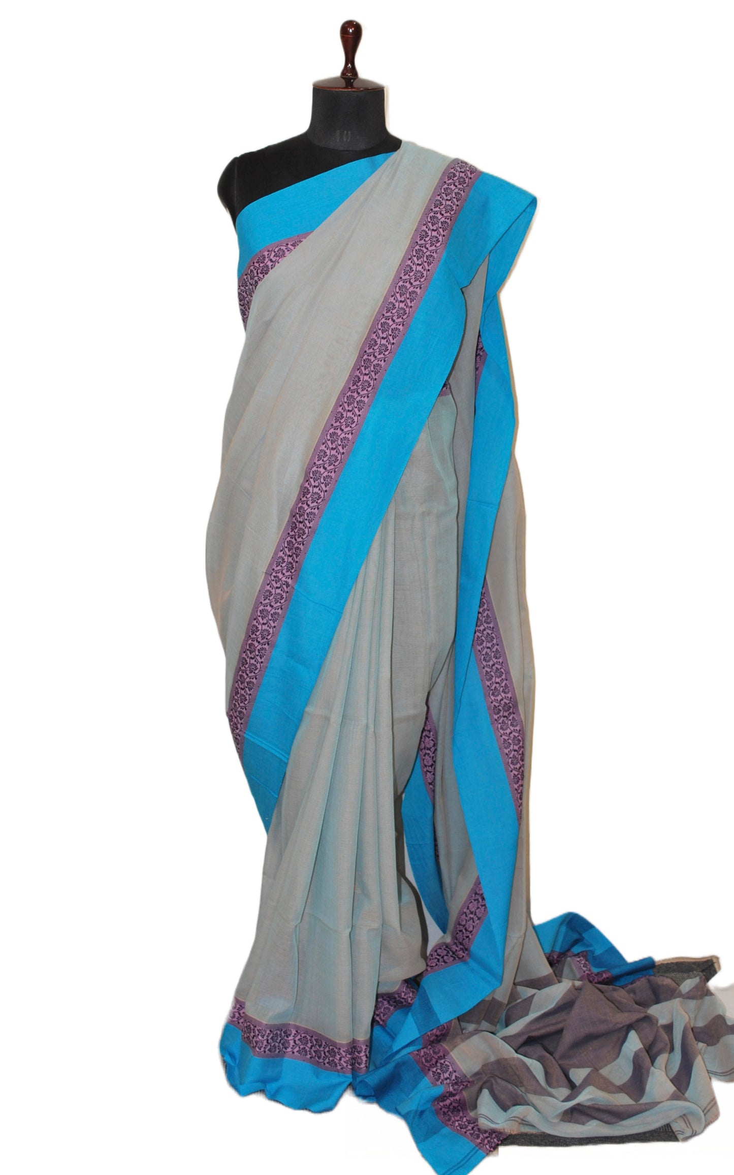 Handwoven Soft Cotton Khaddar Saree in Livid Grey, Lavender and Azure Blue