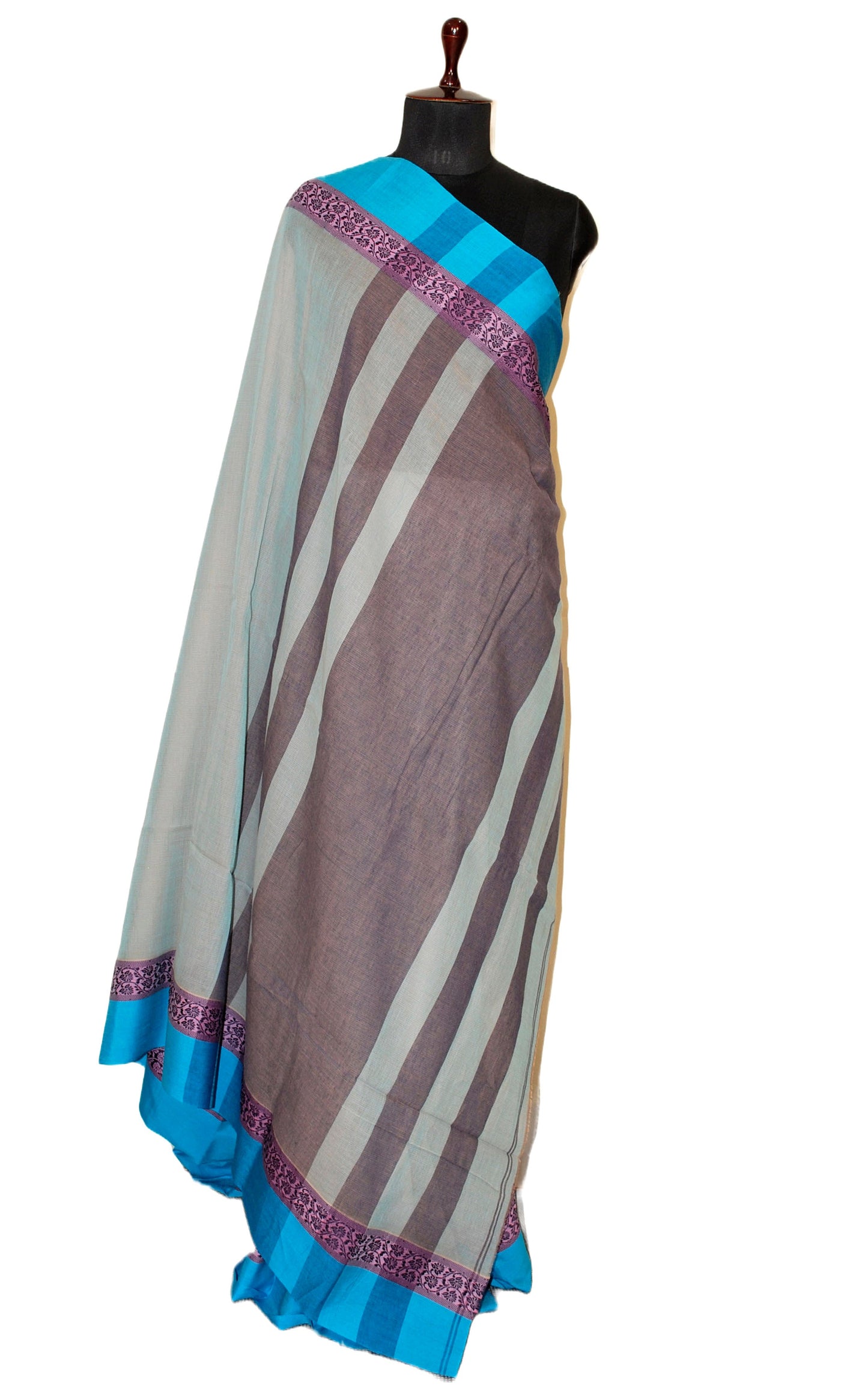 Handwoven Soft Cotton Khaddar Saree in Livid Grey, Lavender and Azure Blue