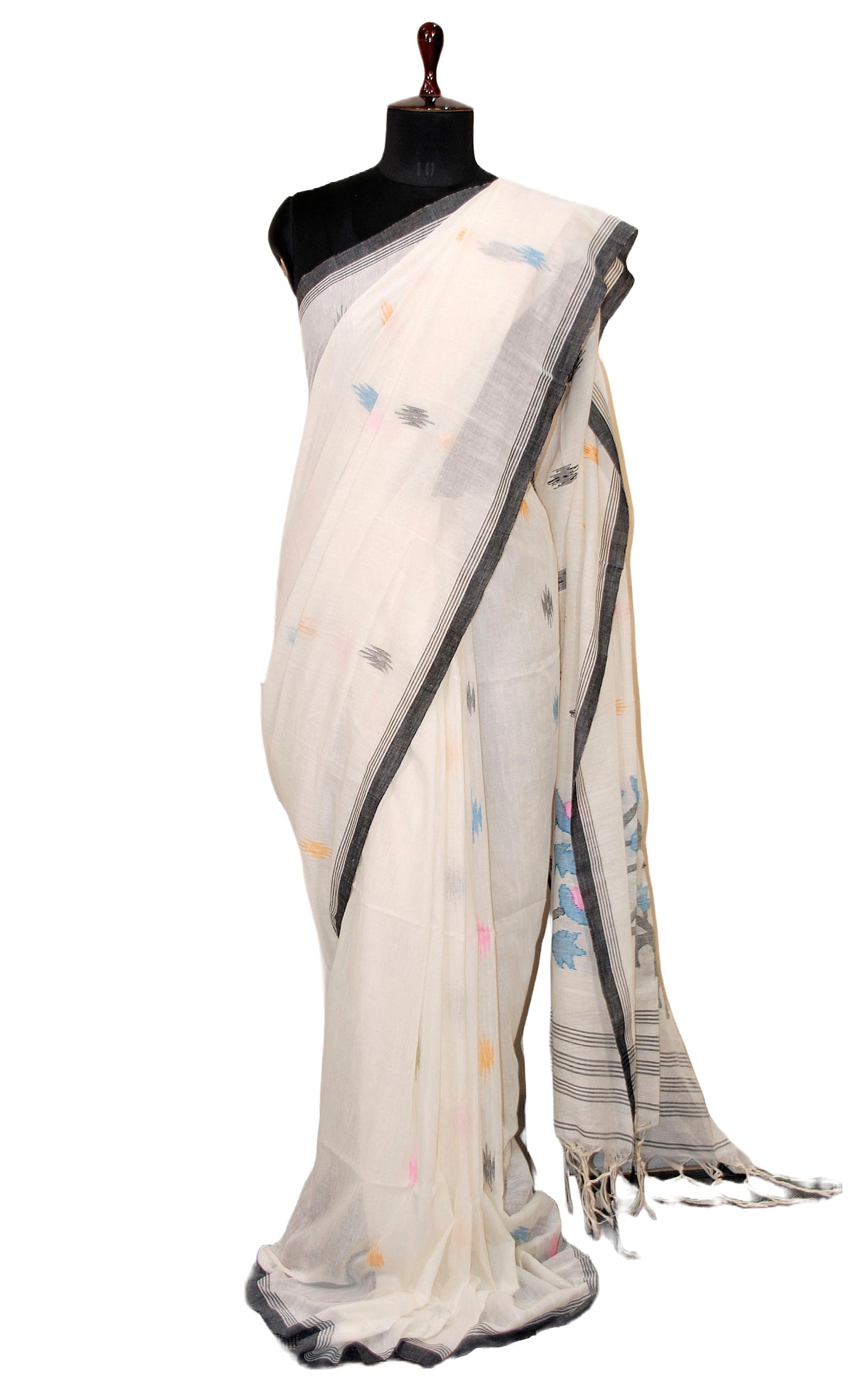 Premium Quality Double Warp Soft Cotton Handwoven Jamdani Saree in Off white and Multicolored