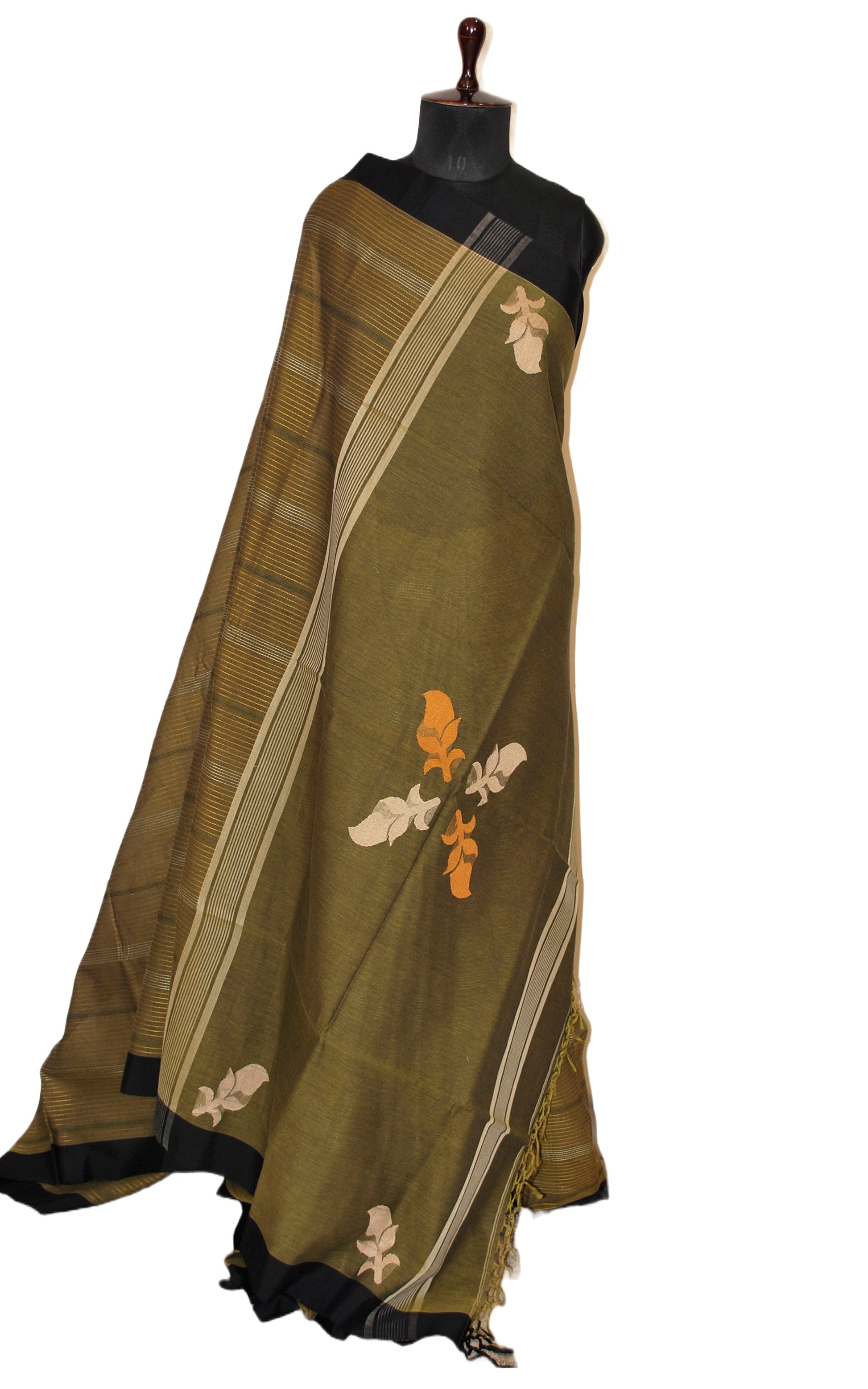 Hand Kanthastitch Work Soft Cotton Saree in Olive Green, Black and Golden Yellow