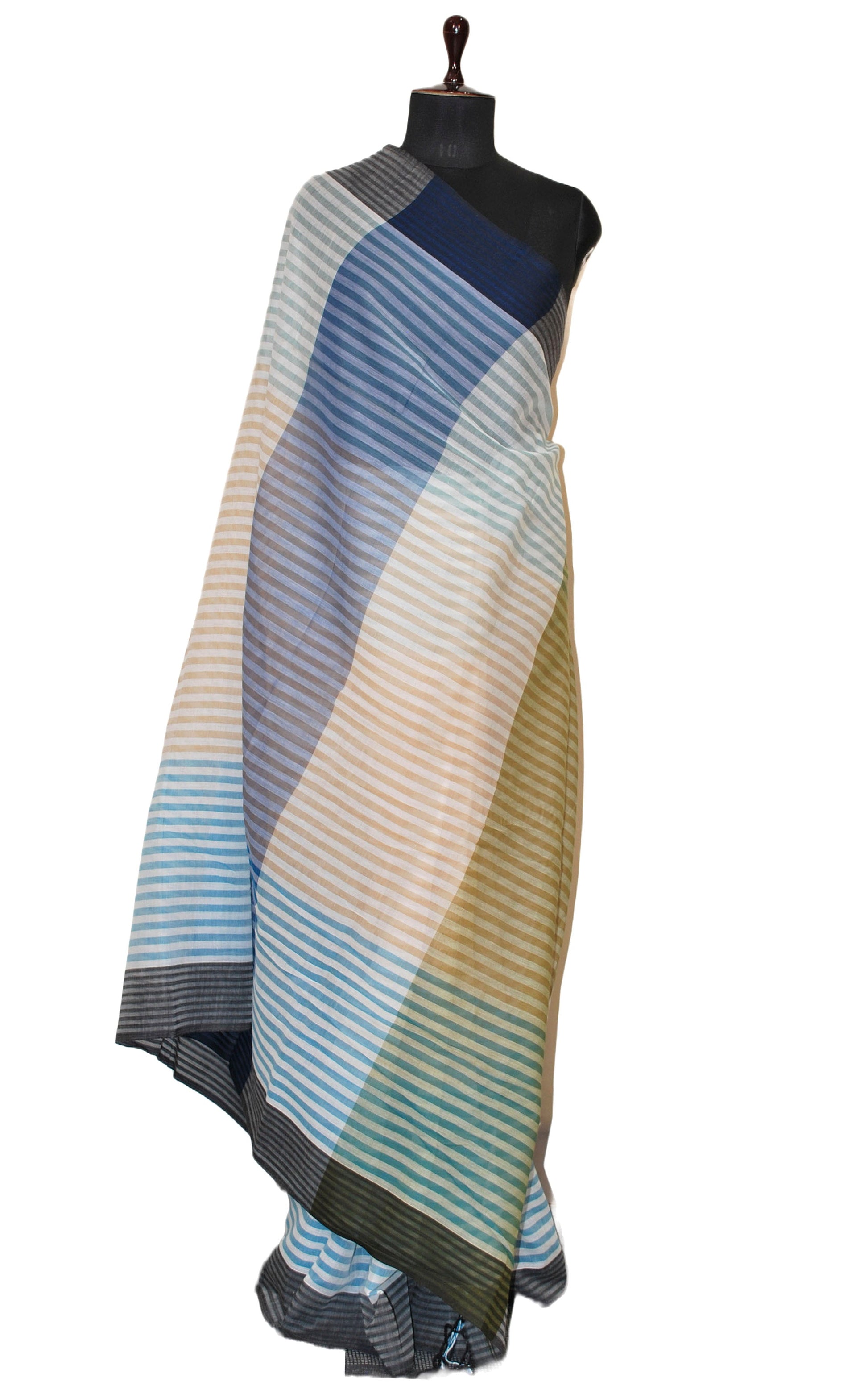 Soft Cotton Saree in Woven Pastel Color Stripes on Off White