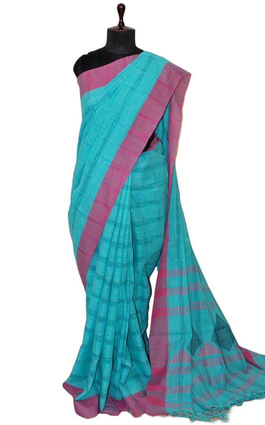 Woven Kotki Checks Soft Cotton Saree in Cyan Blue and Purple Pink