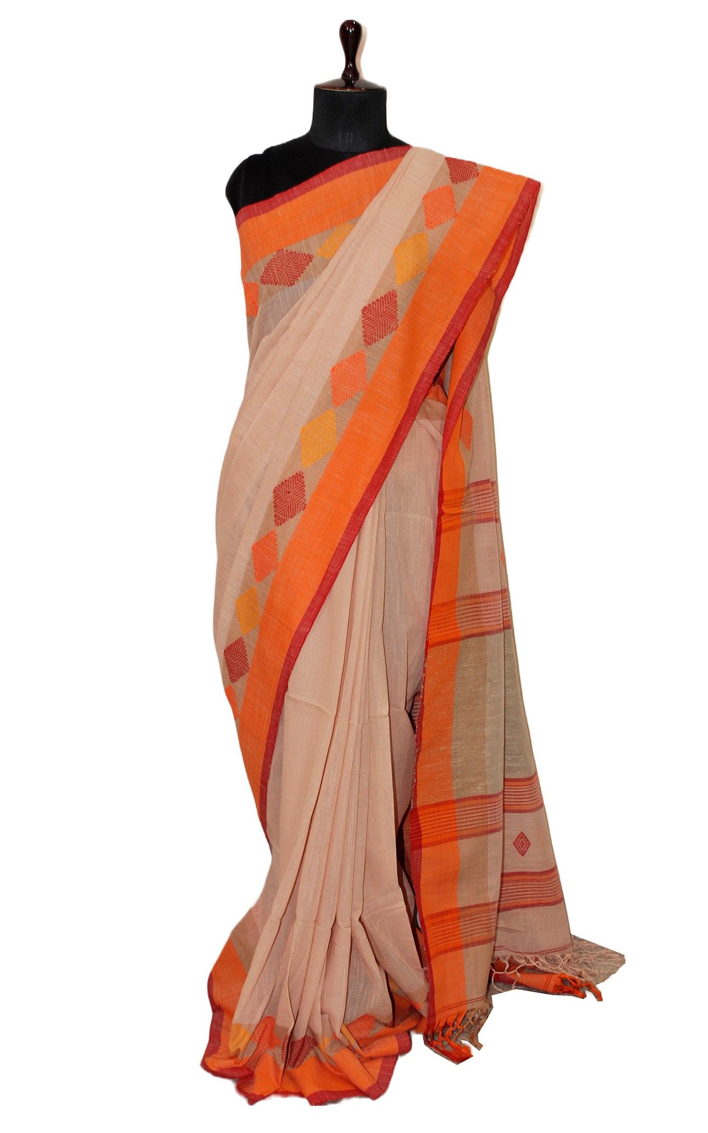 Handwoven Pure Soft Cotton Saree in Linen Cream, Orange and Red