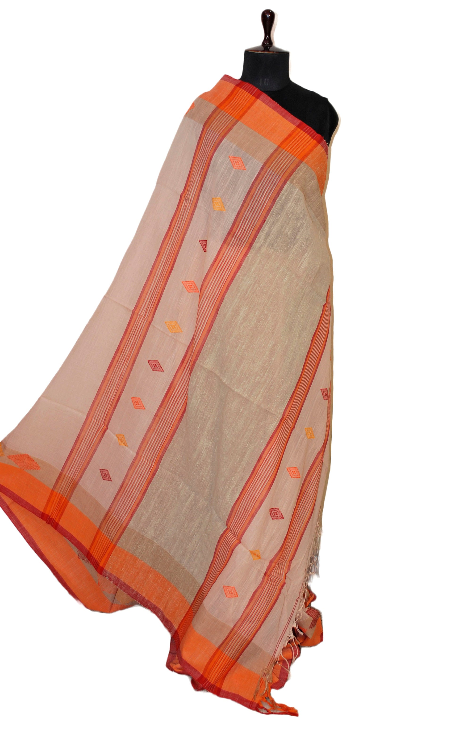 Handwoven Pure Soft Cotton Saree in Linen Cream, Orange and Red